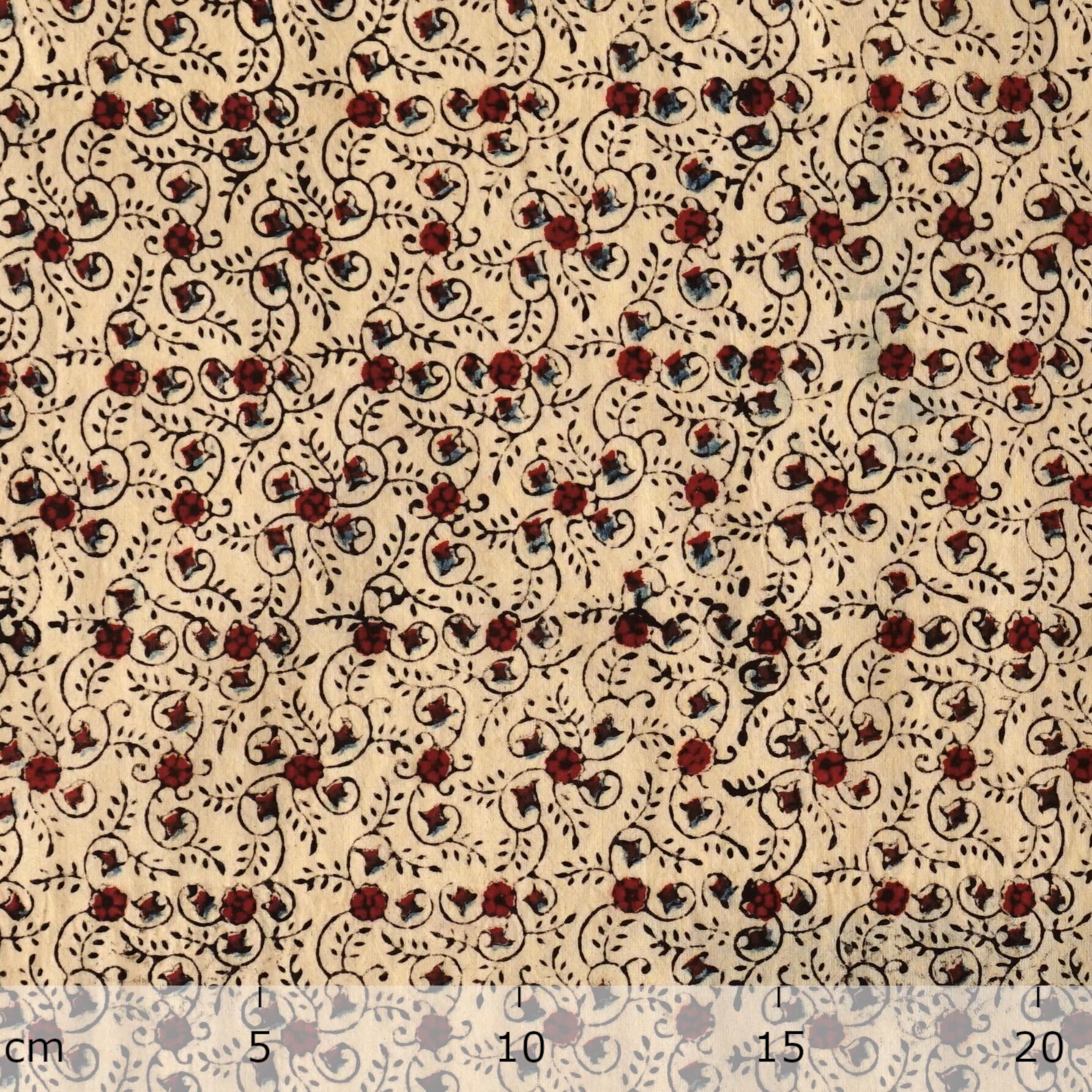 SIK32 - Indian Block-Printed Cotton - Superbloom Design - Indigo, Red & Black Dye - Ruler