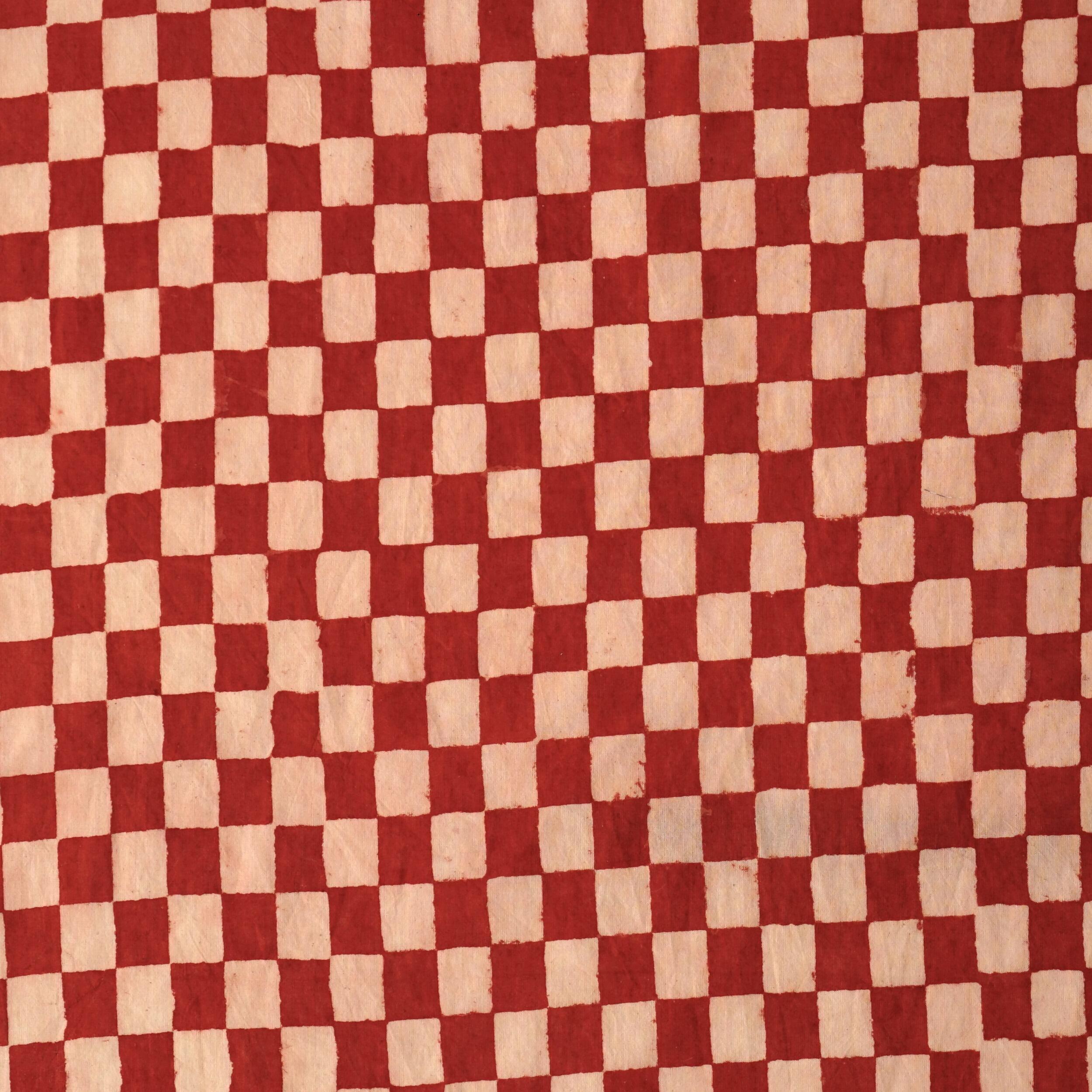 Hand Block-Printed Cotton - Checkers Print - Red Alizarin & White - Flat