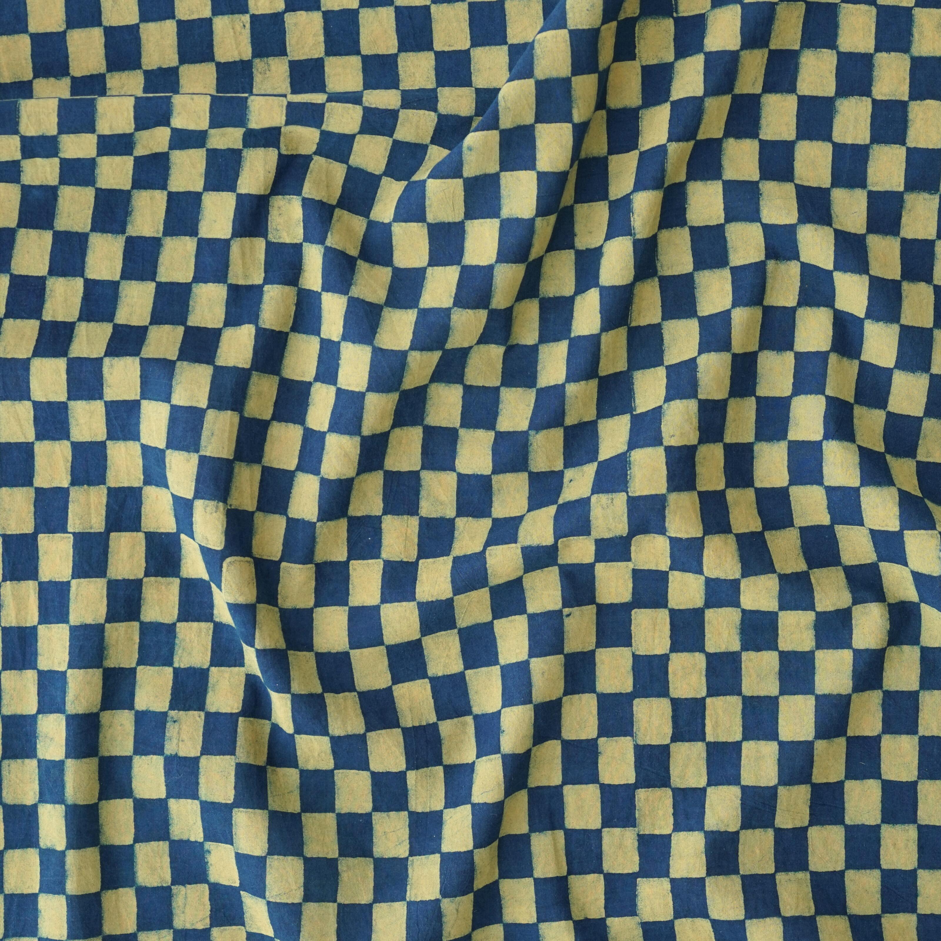 1 - AHM56 - Block-Printed Fabric - Checkerboard - Indigo & Tamarisk Yellow Dyes - Contrast