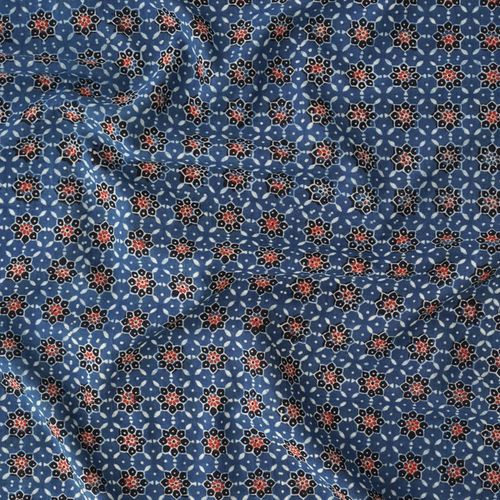 Block-Printed Cotton from India - Starburst Print - Indigo, Alizarin Red, Black - Contrast