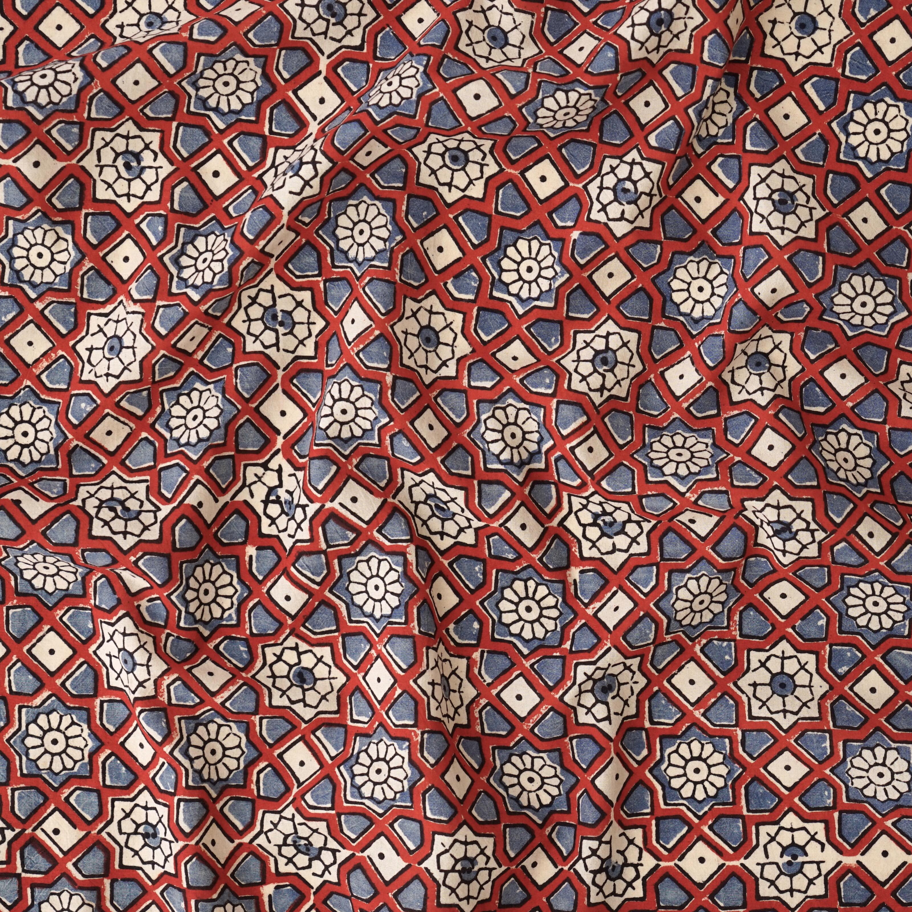 Block Printed Fabric, 100% Cotton, Ajrak Design: Beige Base, Blue, Red Mandala. Contrast