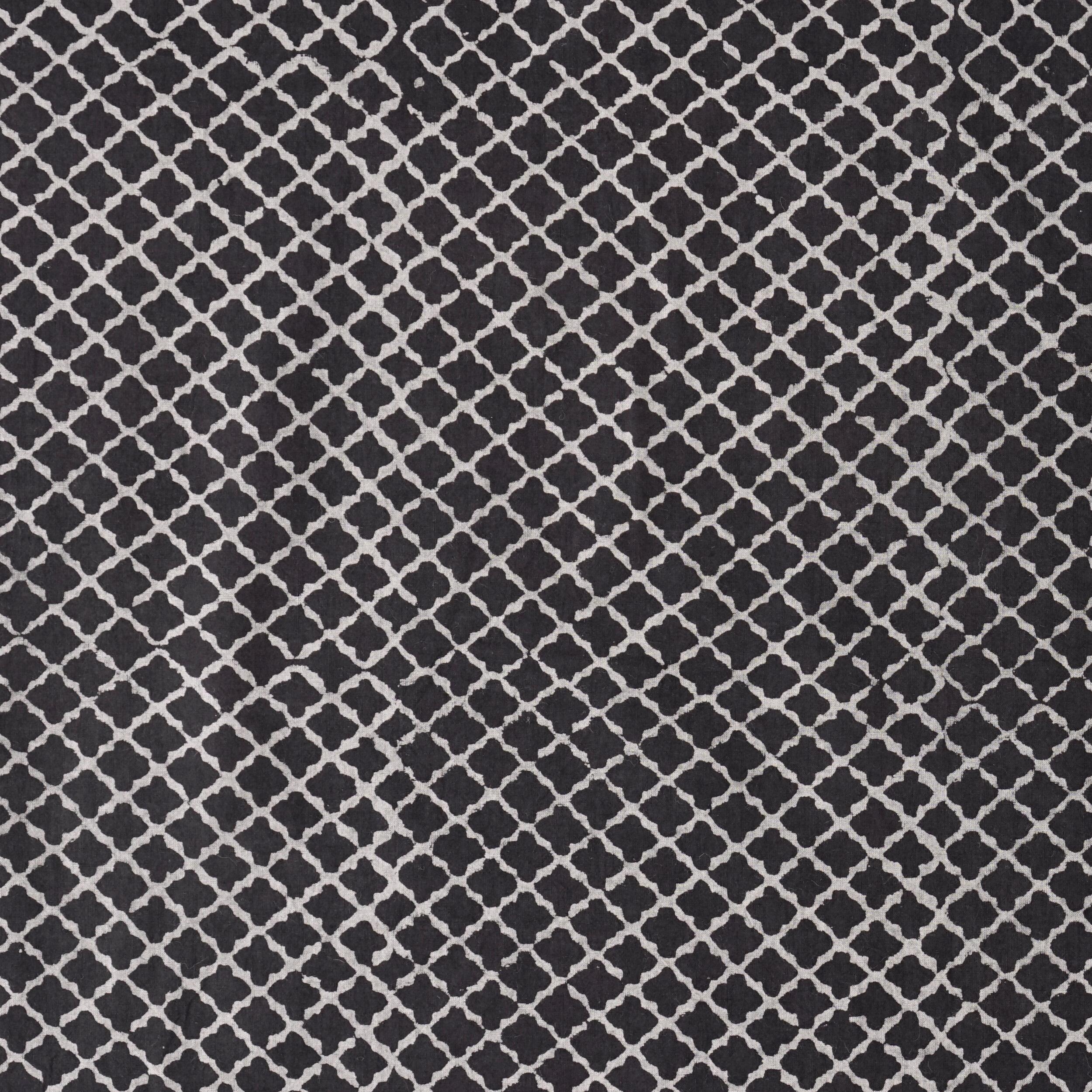 Block Printed Fabric, 100% Cotton, Ajrak Design: Iron Black Base, White Clover. Flat