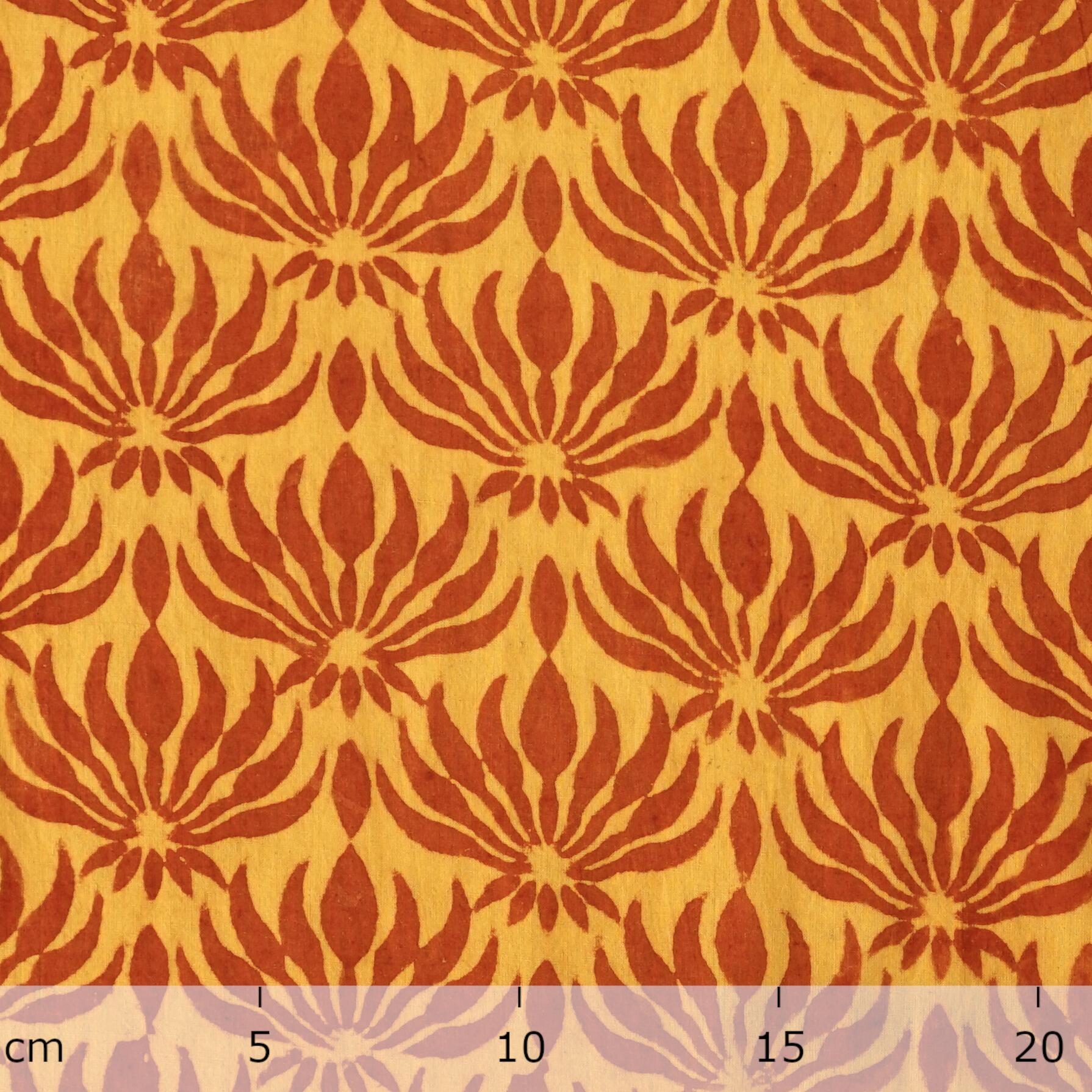 4 - AHM01 - 100% Block-Printed Cotton Fabric from India - Ajrak - Alizarin Maroon Lotus Flower, Turmeric Yellow Spray Print - Ruler