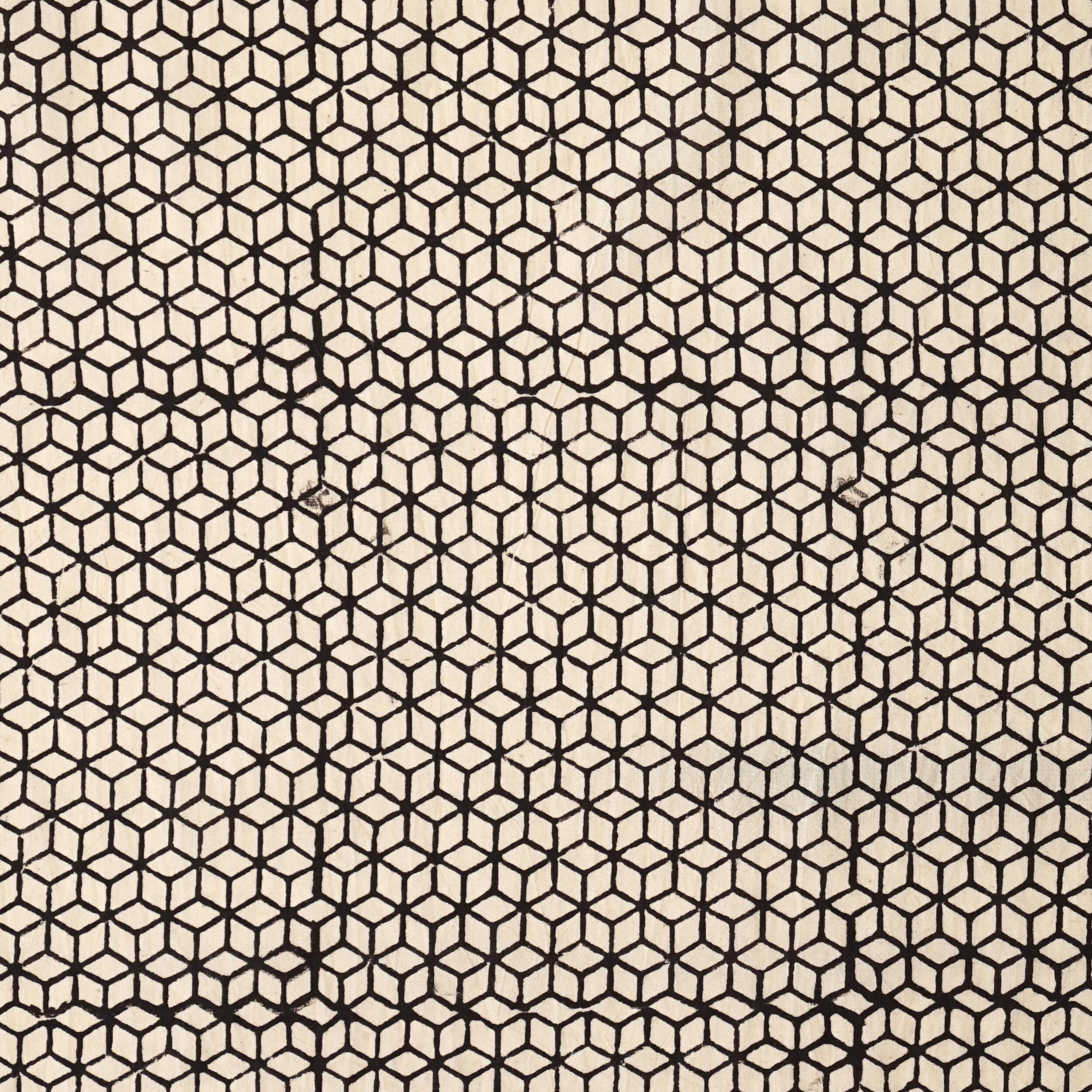 Block Printed Fabric, 100% Cotton, Ajrak Design: Beige Base, Iron Black Tumbling Block. Flat