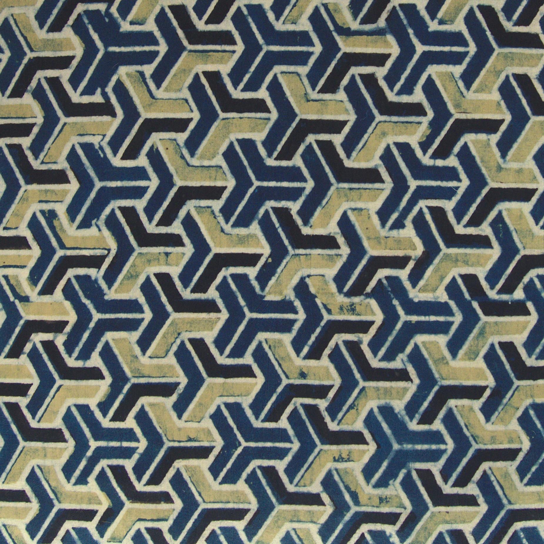 Block Printed Fabric, 100% Cotton, Ajrak Design: Blue Base, Black, Lime Tumbling Block. Close Up