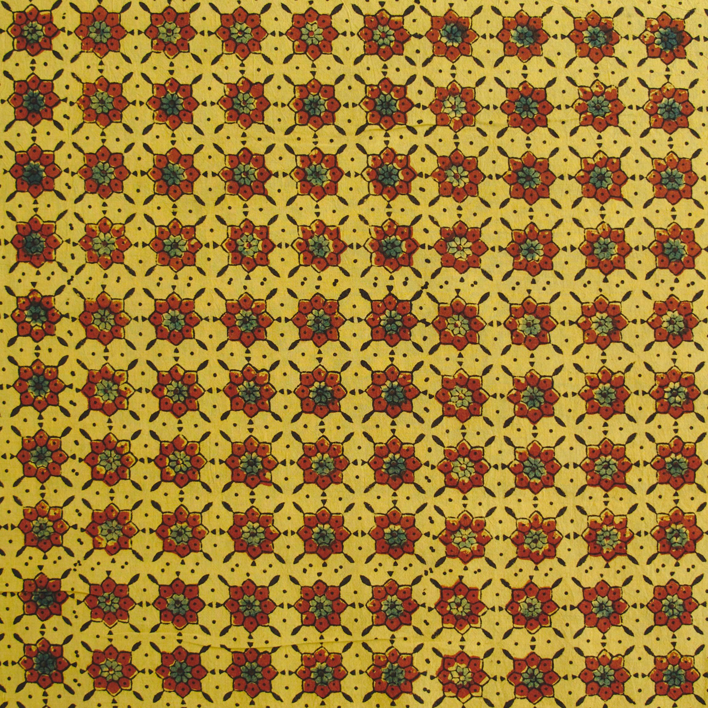 100% Printed Cotton - Starburst Print - Turmeric Yellow, Alizarin Red, Black, Indigo - Flat