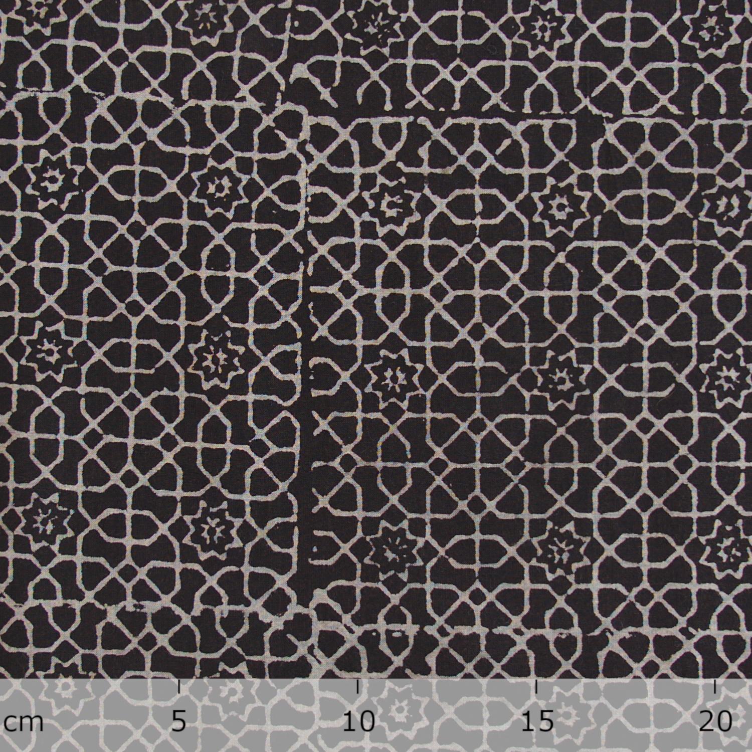 Block Printed Fabric, 100% Cotton, Ajrak Design: Iron Black Base, White Octagon. Ruler