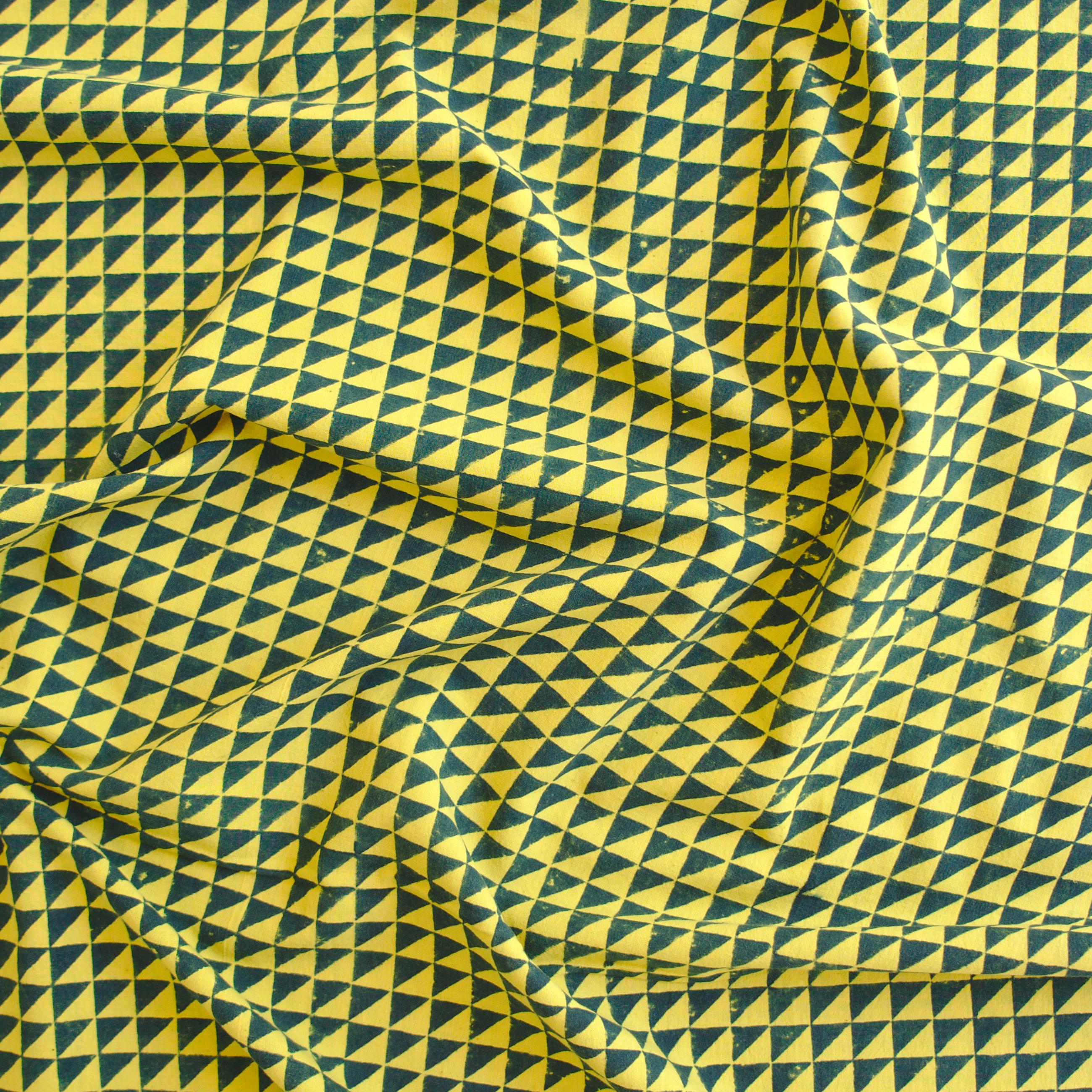 SIK27 - Block-Printed Cotton Fabric From India - Half Squares Design - Pomegranate Yellow and Green Indigo Dye - Contrast