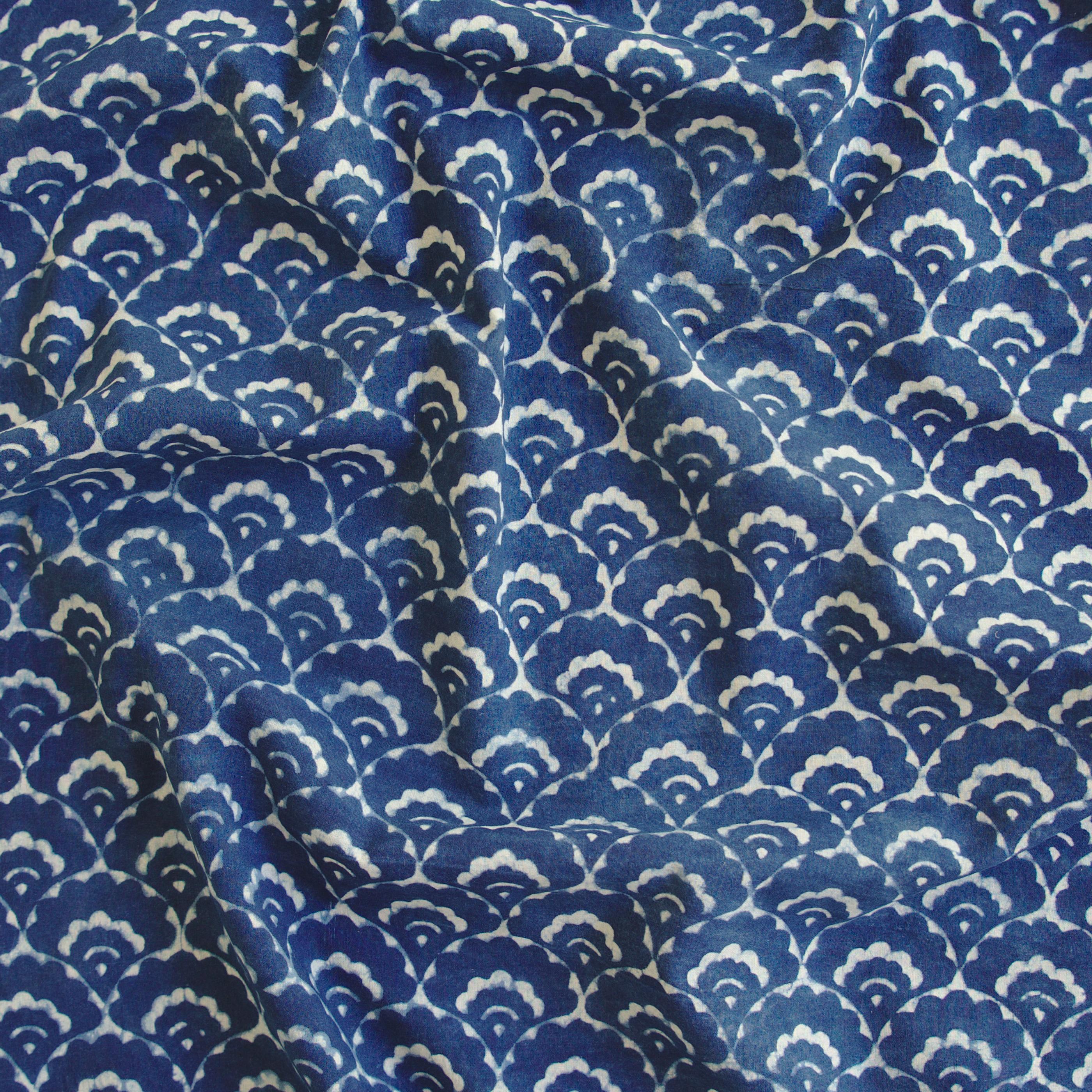 Indian Block-Printed Cotton - Clouds Print - Printed With Resist and Dyed in Indigo - Contrast