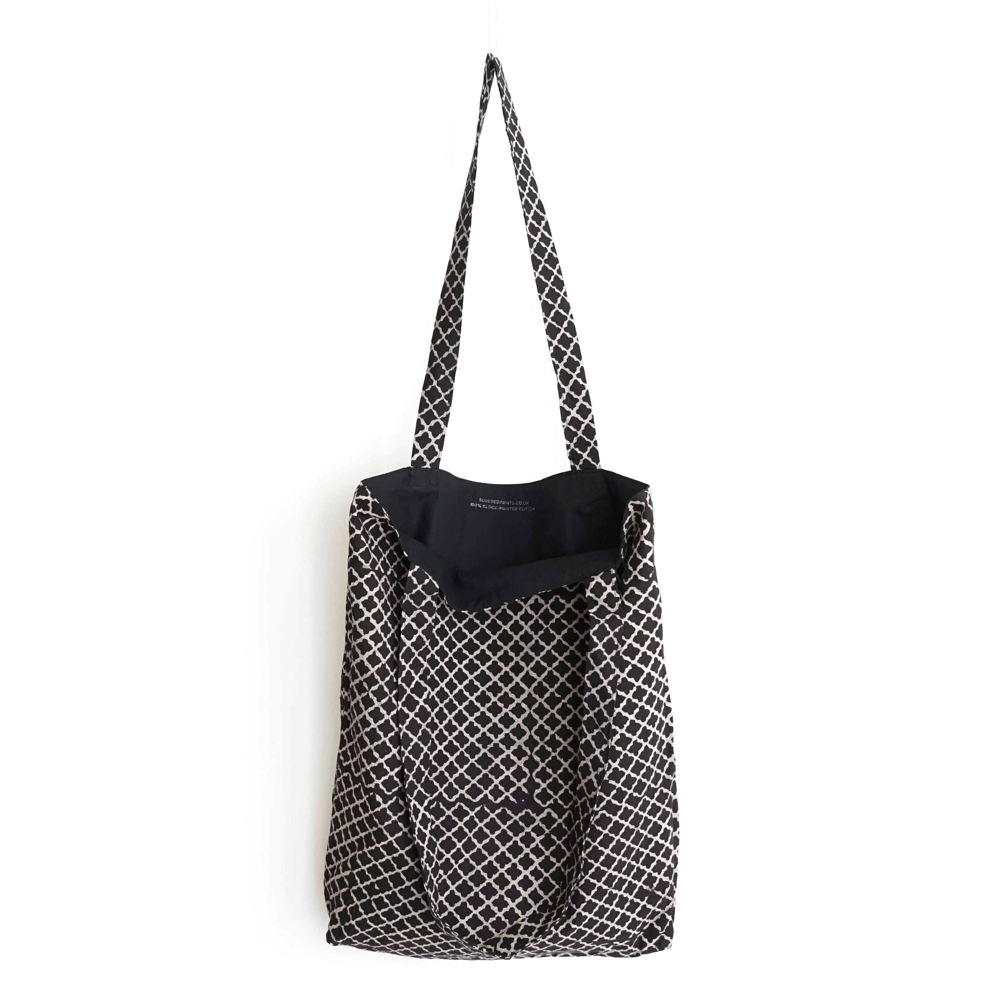 block printed cotton tote bag, natural dye, black, beige clover, lined with black cotton, open