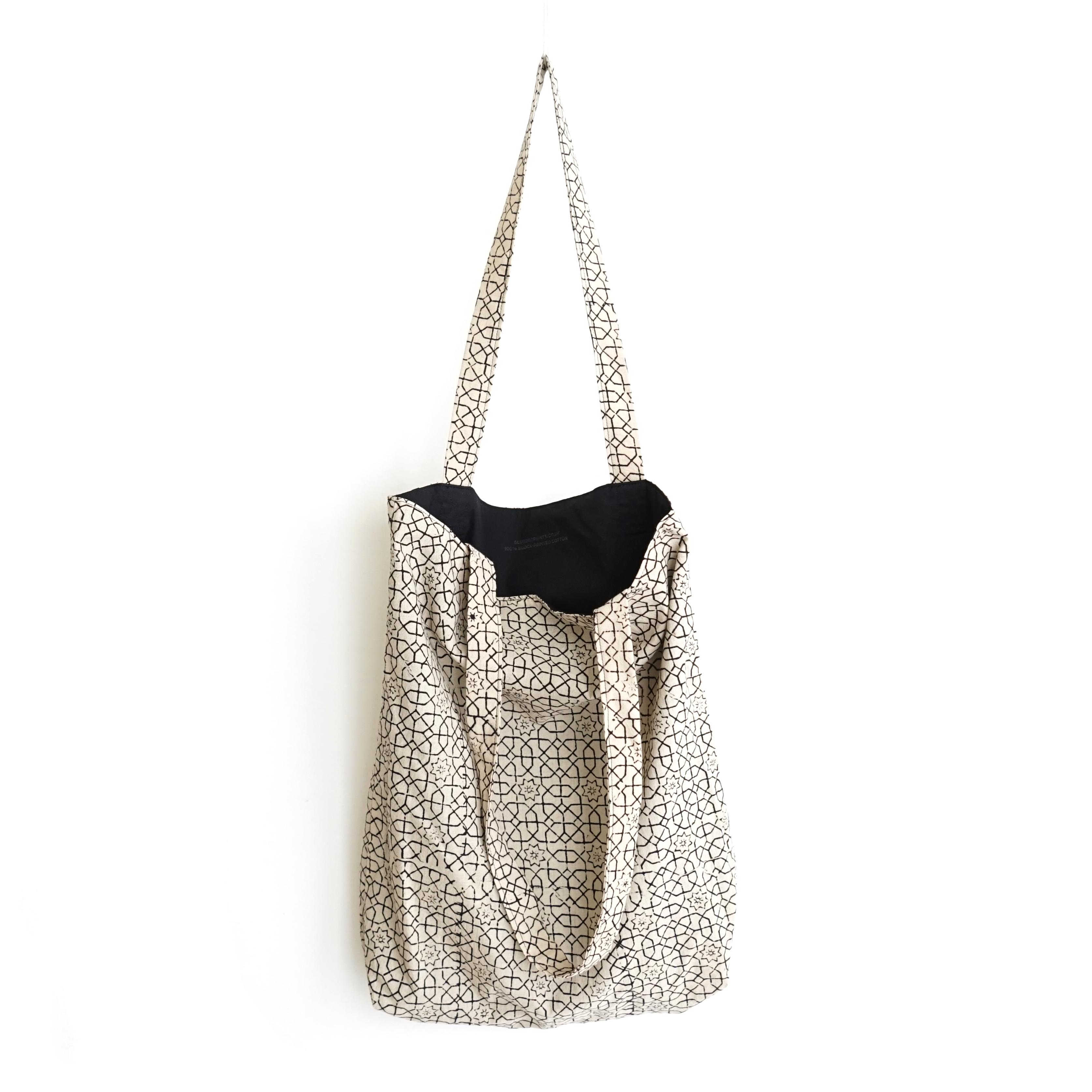 block printed cotton tote bag, natural dye, beige, black octagon design, lined with black cotton, closed