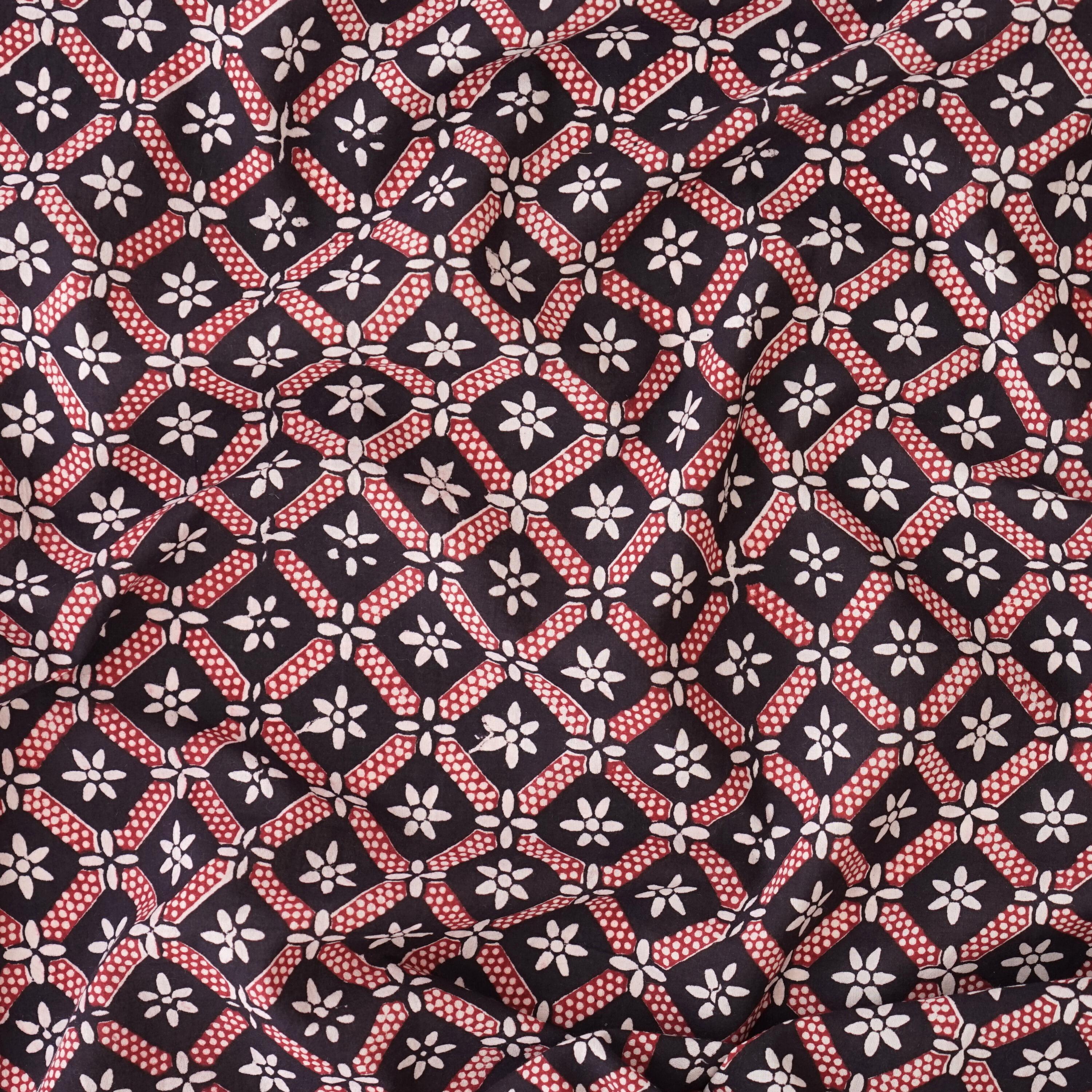 100% Block -Printed Cotton Fabric From India - Barley Design - Iron Rust Black & Alizarin Red Dyes - Contrast