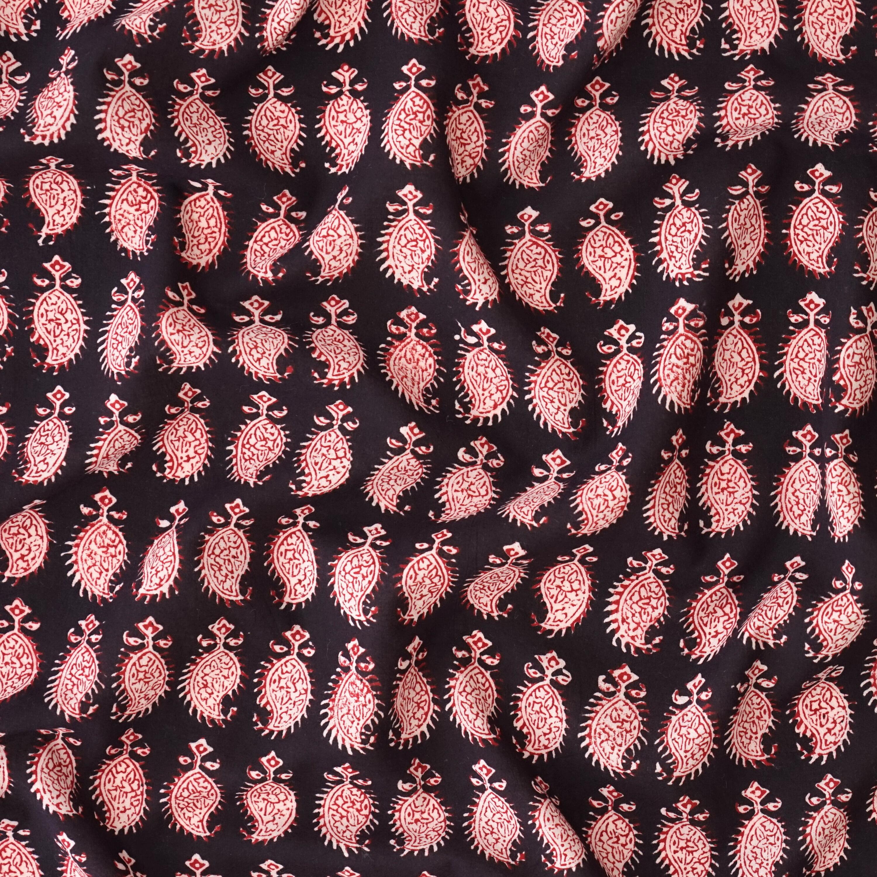 100% Block -Printed Cotton Fabric From India - Cactus Design - Iron Rust Black & Alizarin Red Dyes - Contrast