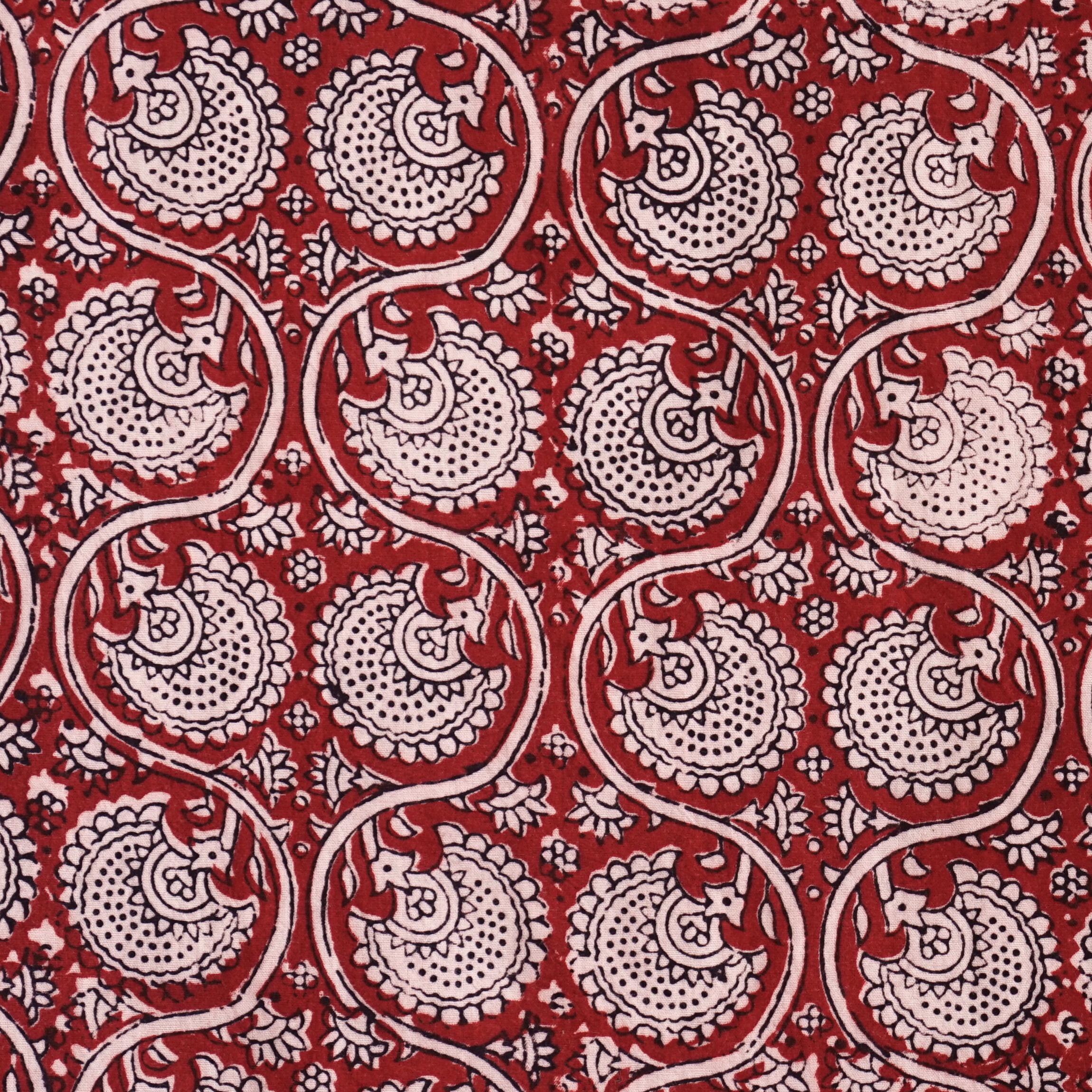 100% Block-Printed Cotton Fabric From India - Idle Moments Design - Iron Rust Black & Alizarin Red Dyes - Flat
