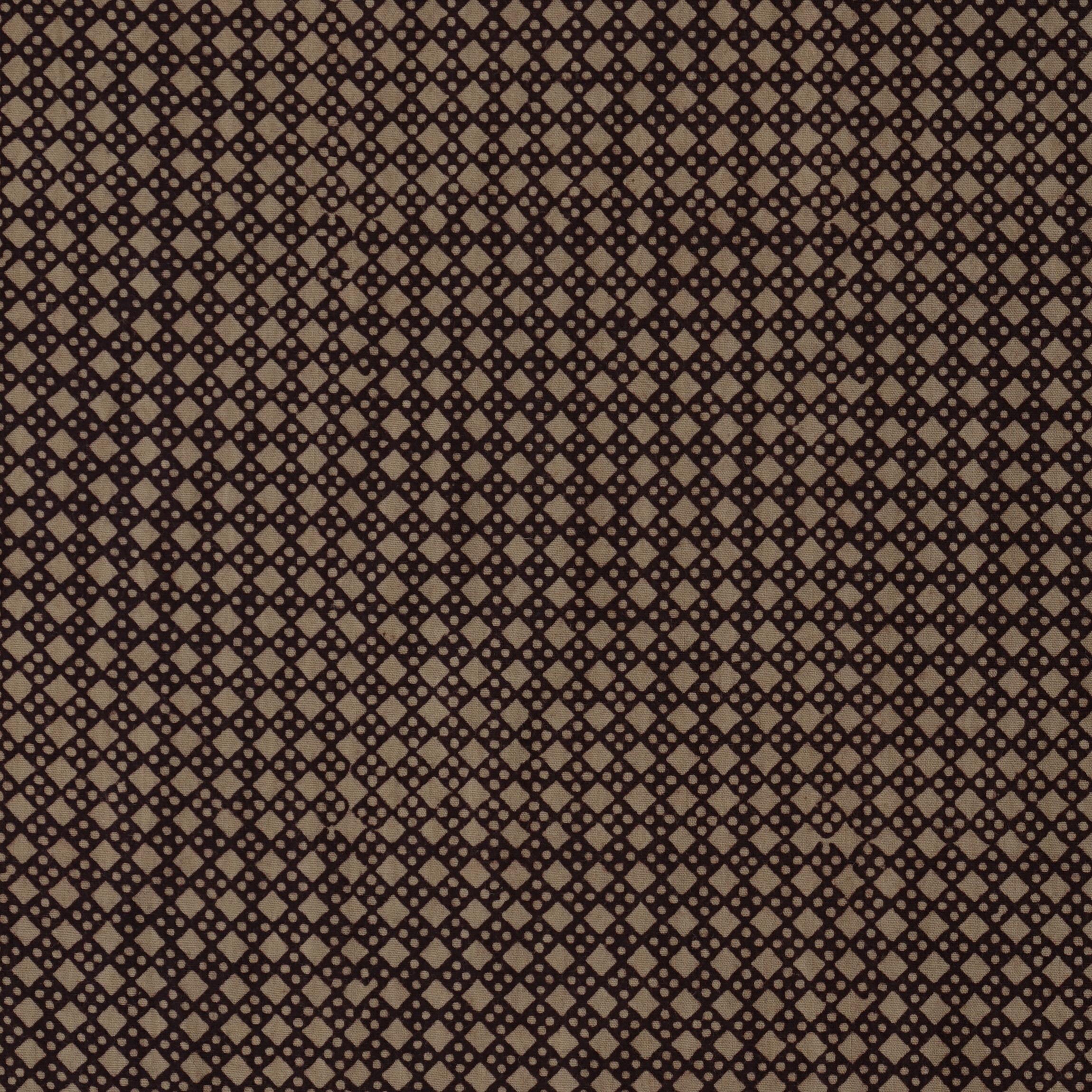 100% Block-Printed Cotton Fabric From India - Bagh Method - Iron Rust Black & Indigosol Khaki - Pressure Point Print - Flat