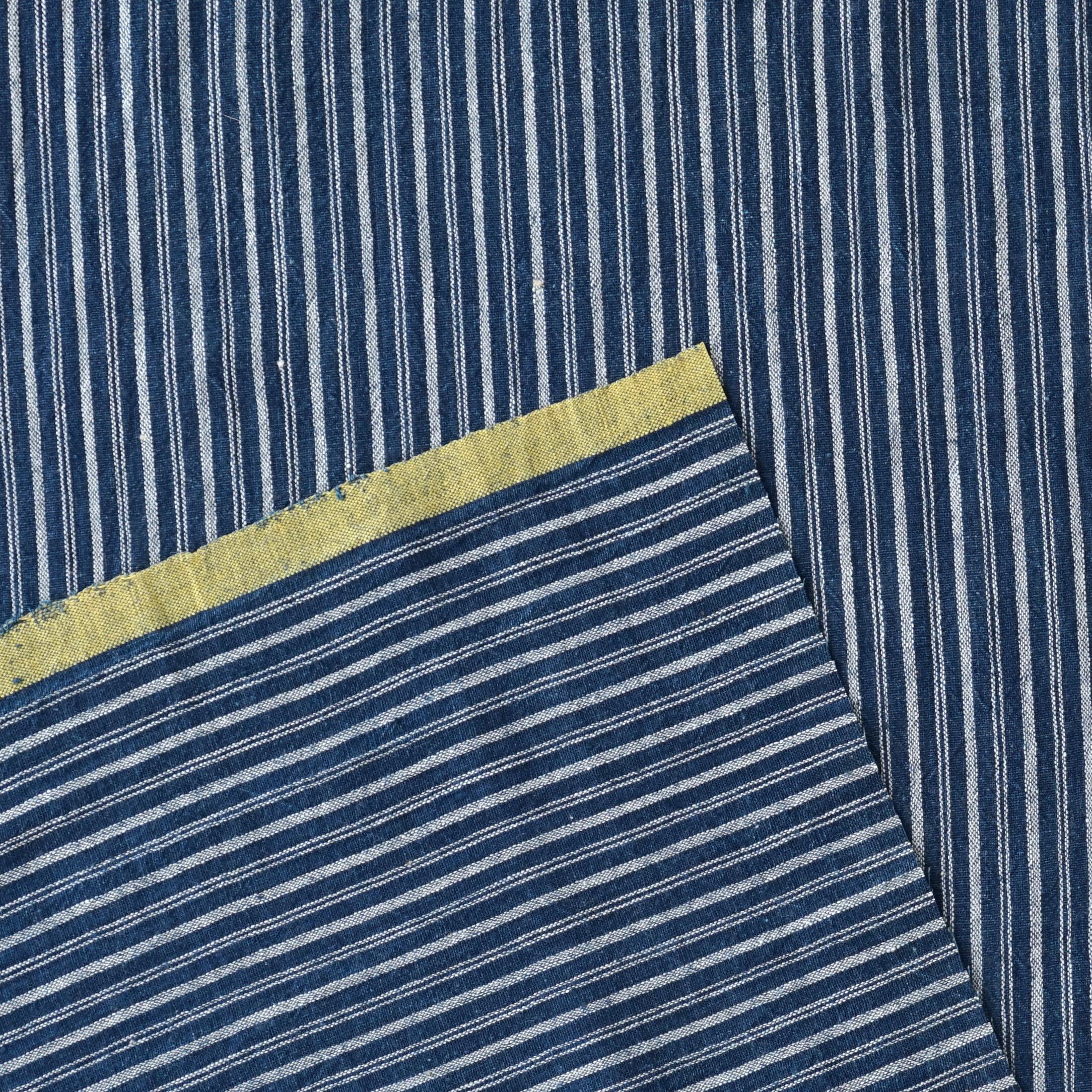 100% Handloom Woven Cotton - Double Stripes - Natural Indigo Warp & Weft, White Warp - Selvedge