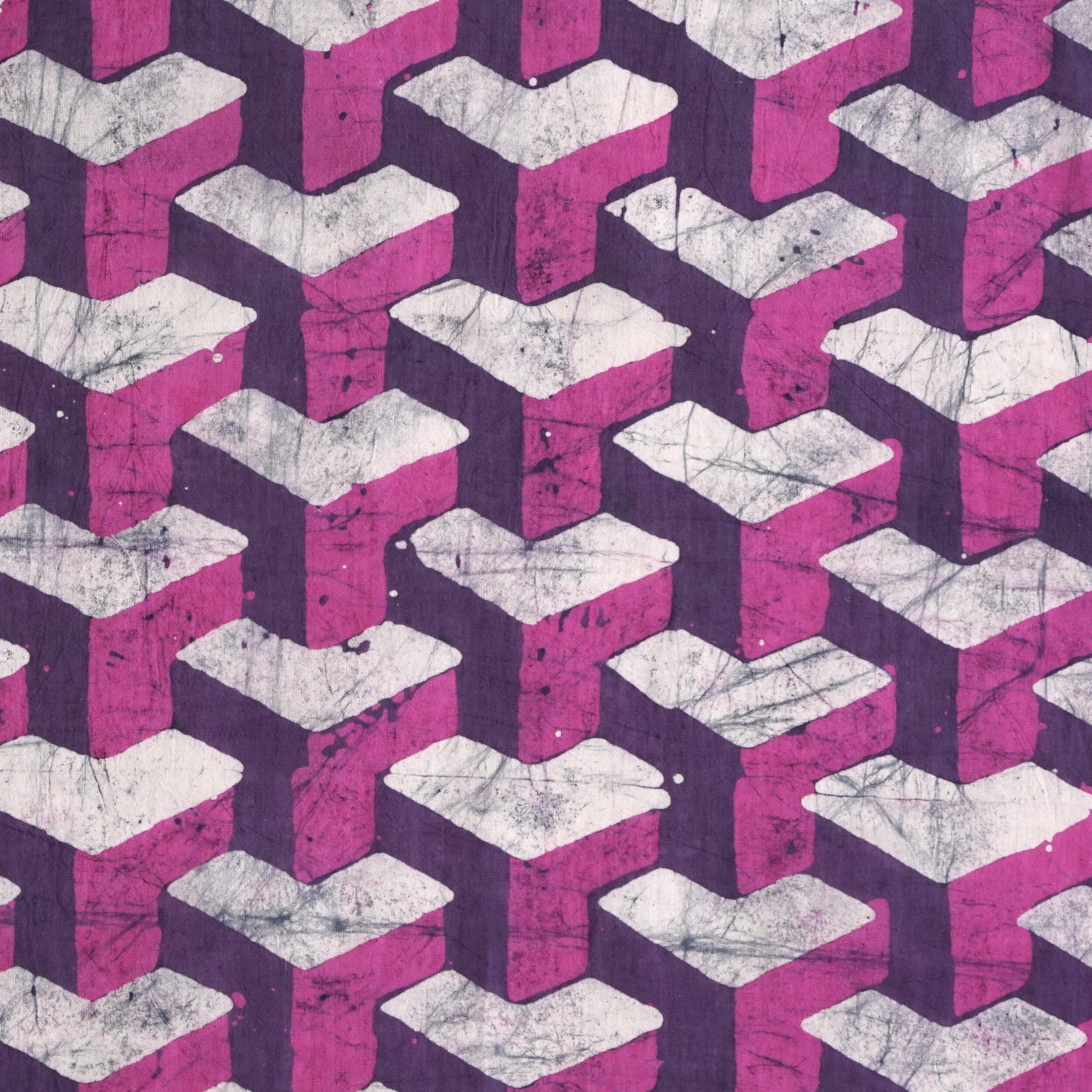 100% Block-Printed Batik Cotton Fabric From India - Purple Building Blocks Motif - Flat