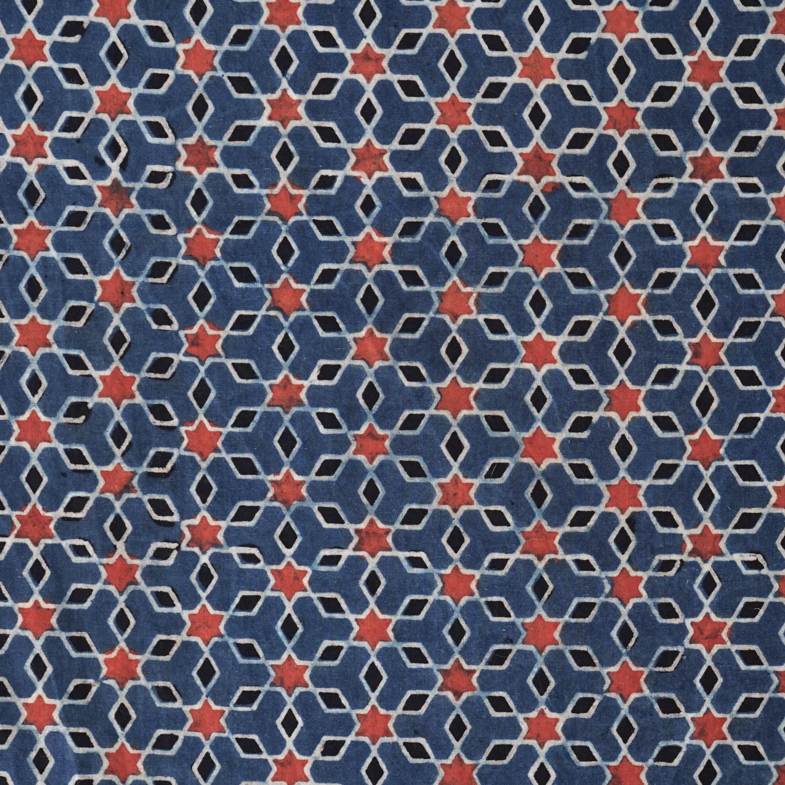 Block Printed Fabric, 100% Cotton, Ajrak Design: Blue Indigo Base, Black Leaf, Red Star. Flat