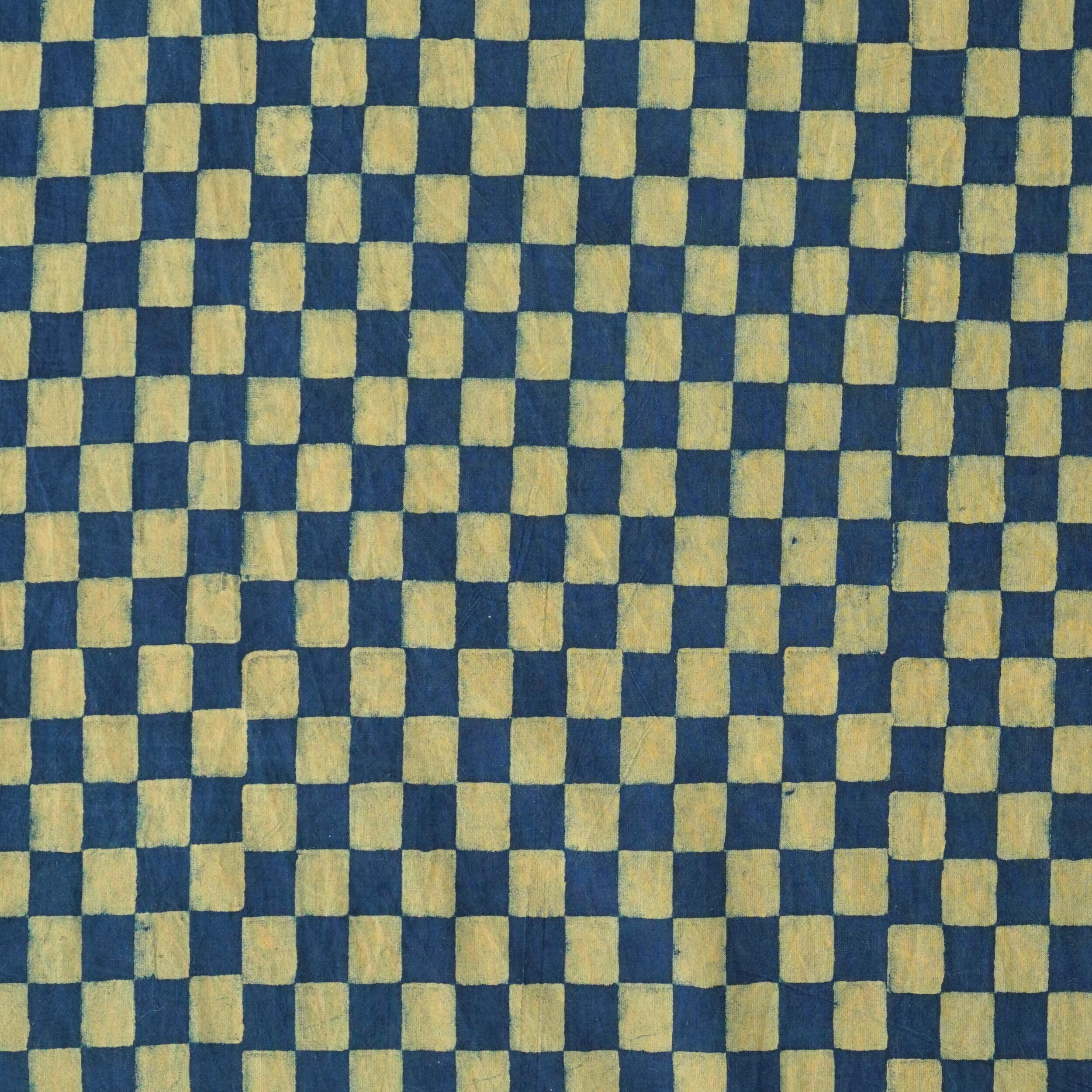 2 - AHM56 - Block-Printed Fabric - Checkerboard - Indigo & Tamarisk Yellow Dyes - Flat