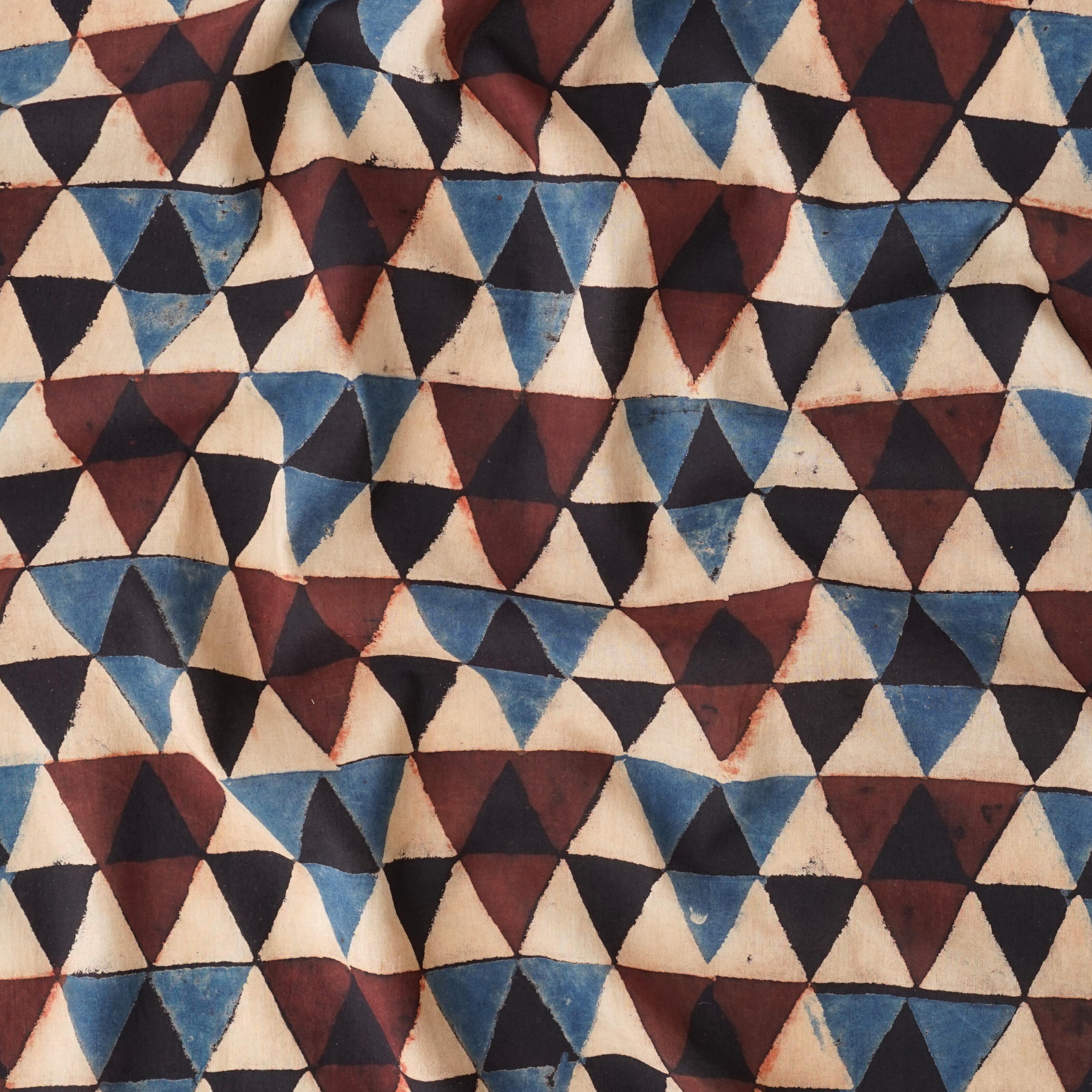 2 - SIK53 - Hand Block-Printed Cotton - Aula Triangles Design - Indigo Blue, Black, Alizarin Red Dyes - Contrast