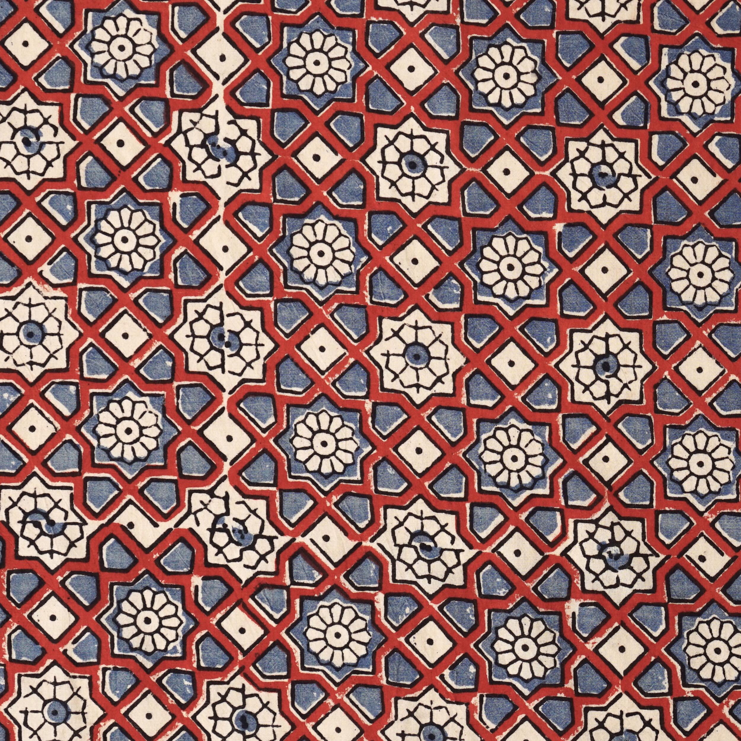 Block Printed Fabric, 100% Cotton, Ajrak Design: Beige Base, Blue, Red Mandala. Flat