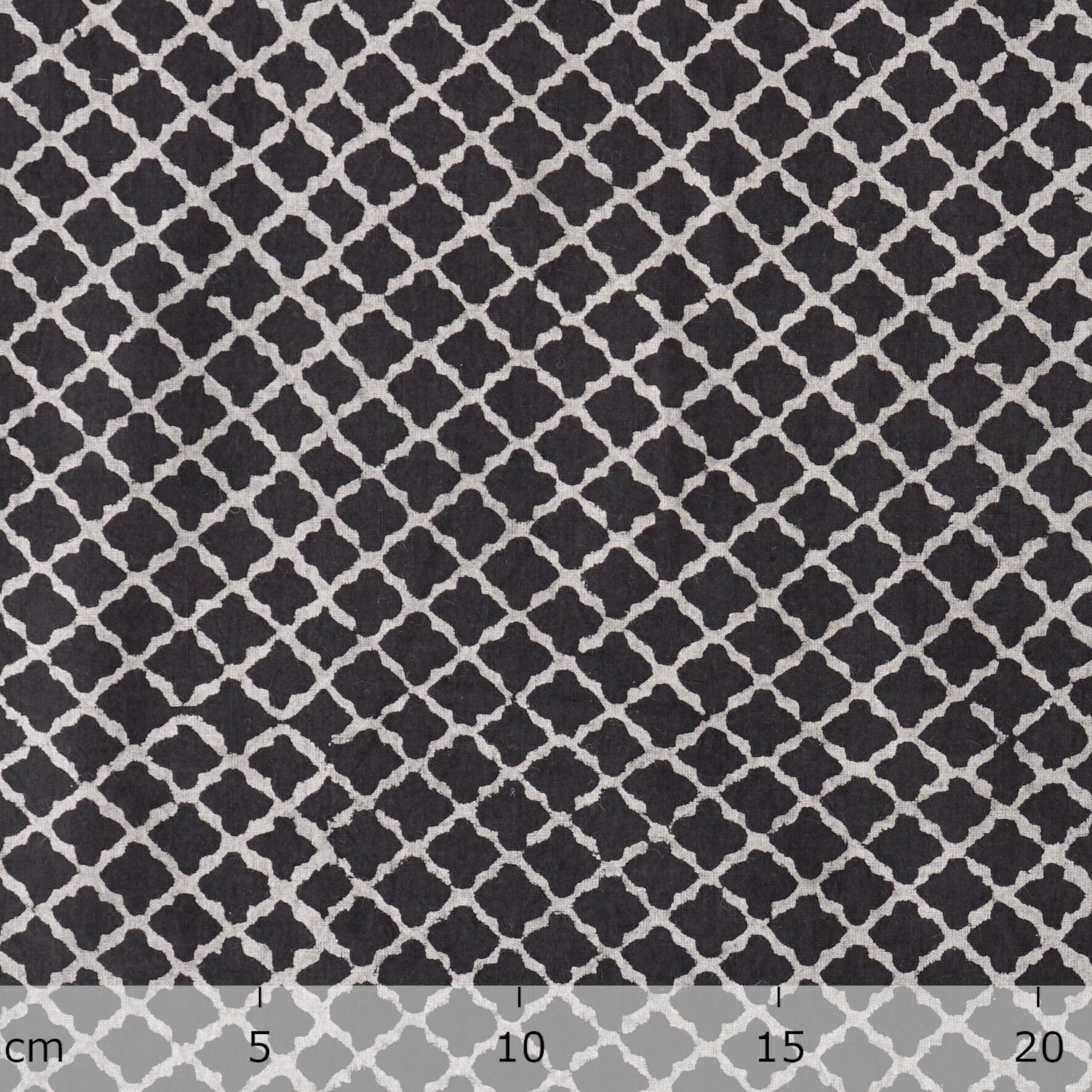 Block Printed Fabric, 100% Cotton, Ajrak Design: Iron Black Base, White Clover. Ruler