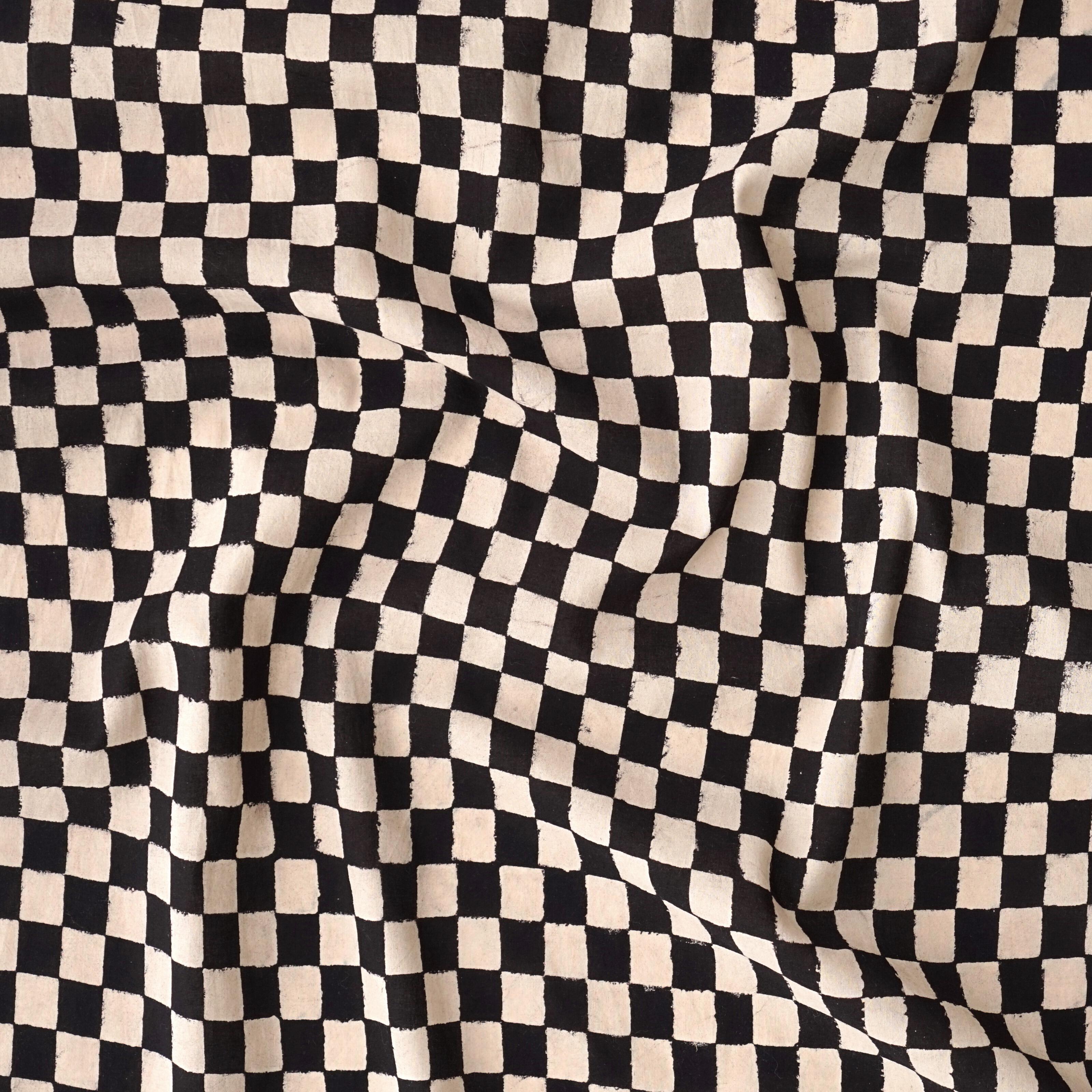 Woodblock-Printed Cotton - Checkers Print - Black & White - Contrast