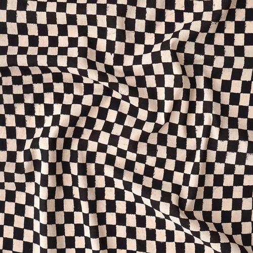 Woodblock-Printed Cotton - Checkers Print - Black & White - Contrast