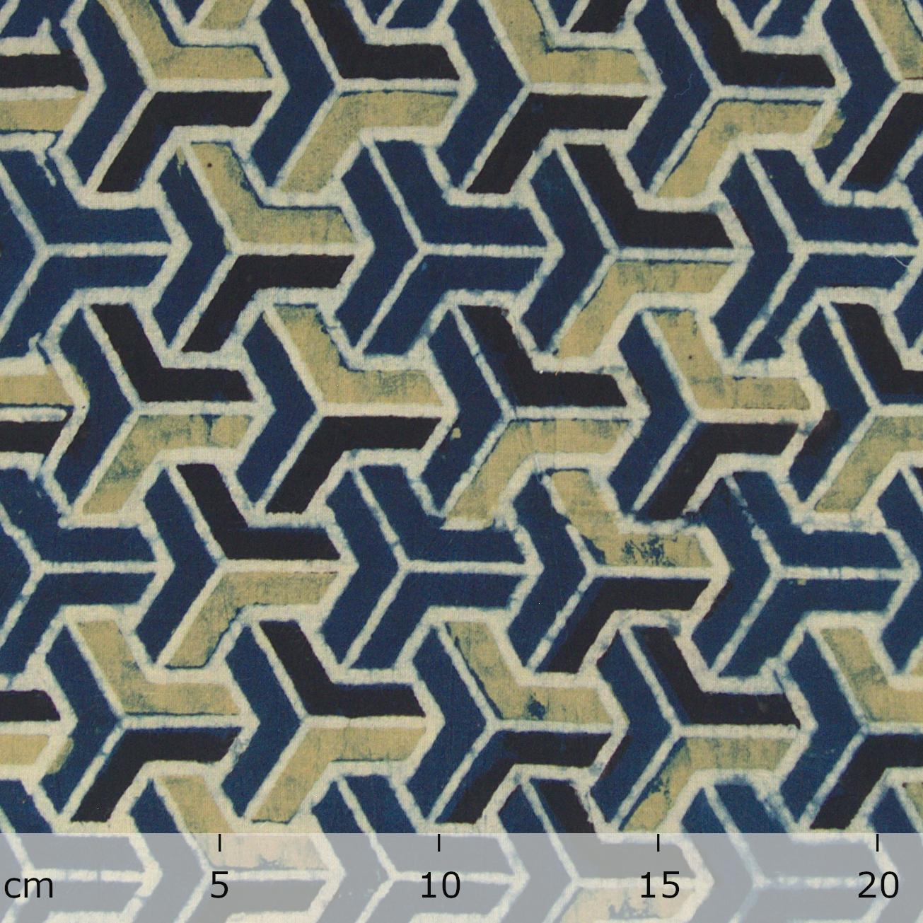 Block Printed Fabric, 100% Cotton, Ajrak Design: Blue Base, Black, Lime Tumbling Block. Ruler