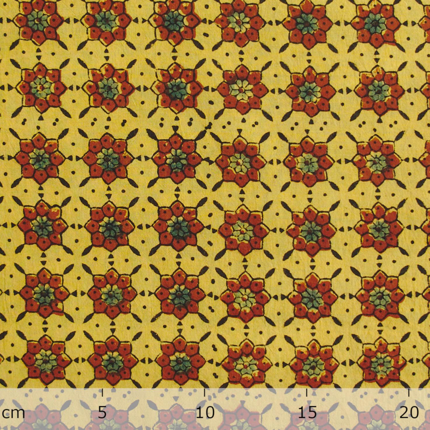 100% Printed Cotton - Starburst Print - Turmeric Yellow, Alizarin Red, Black, Indigo - Ruler