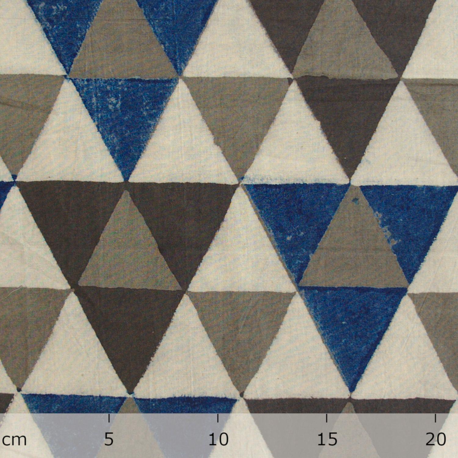 Block Printed Fabric, 100% Cotton, Ajrak Design: Beige Base, Small Grey Triangles, Big Indigo Blue, Black Triangles. Ruler