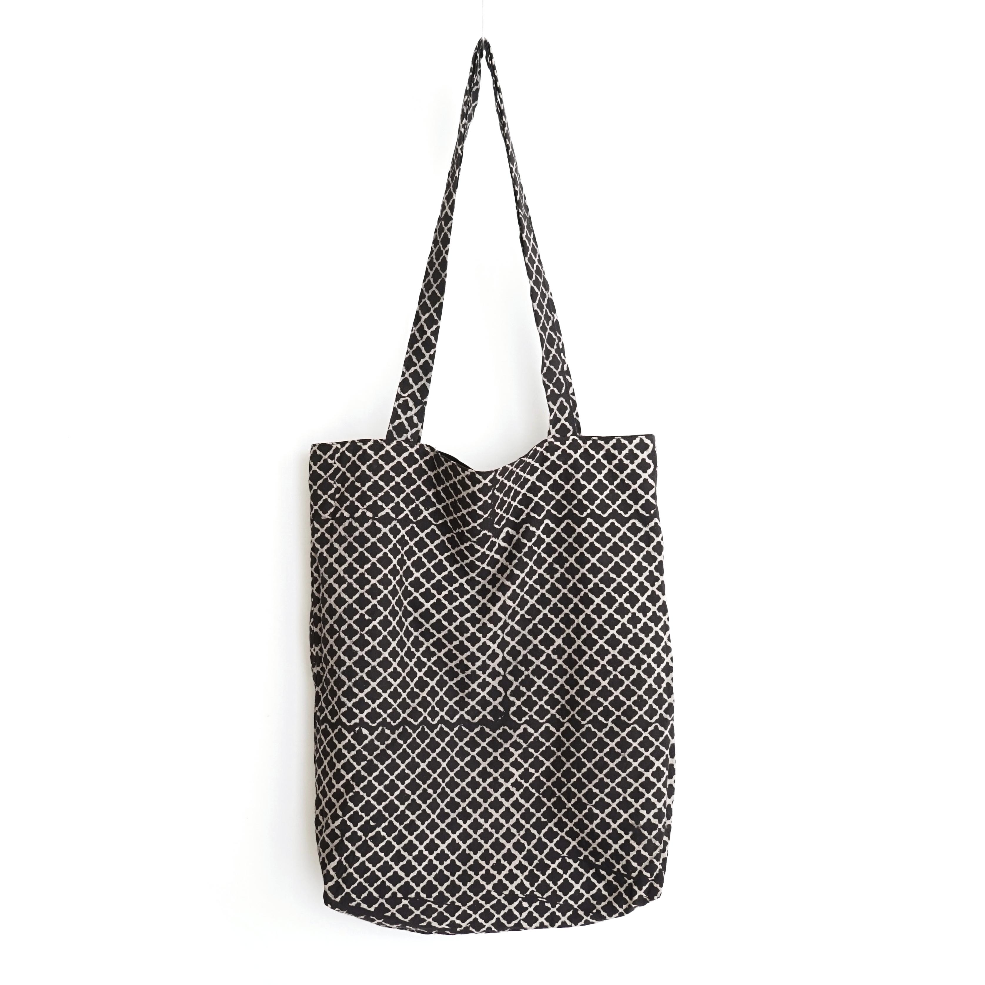 block printed cotton tote bag, natural dye, black, beige clover, lined with black cotton, closed