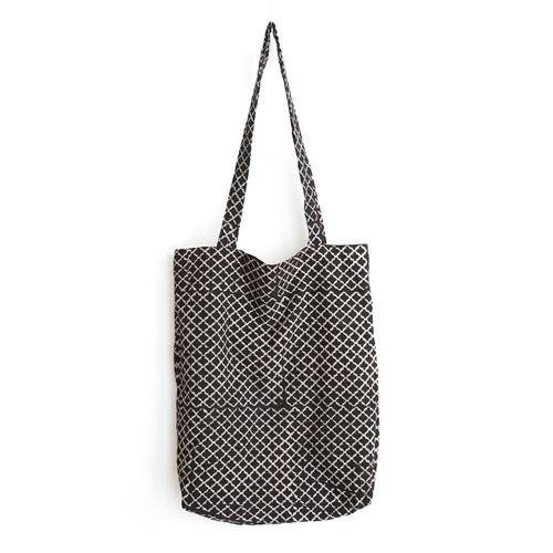 block printed cotton tote bag, natural dye, black, beige clover, lined with black cotton, closed