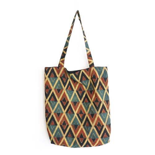 block printed cotton tote bag, natural dye, yellow, red green black diamond design, lined with black cotton, closed