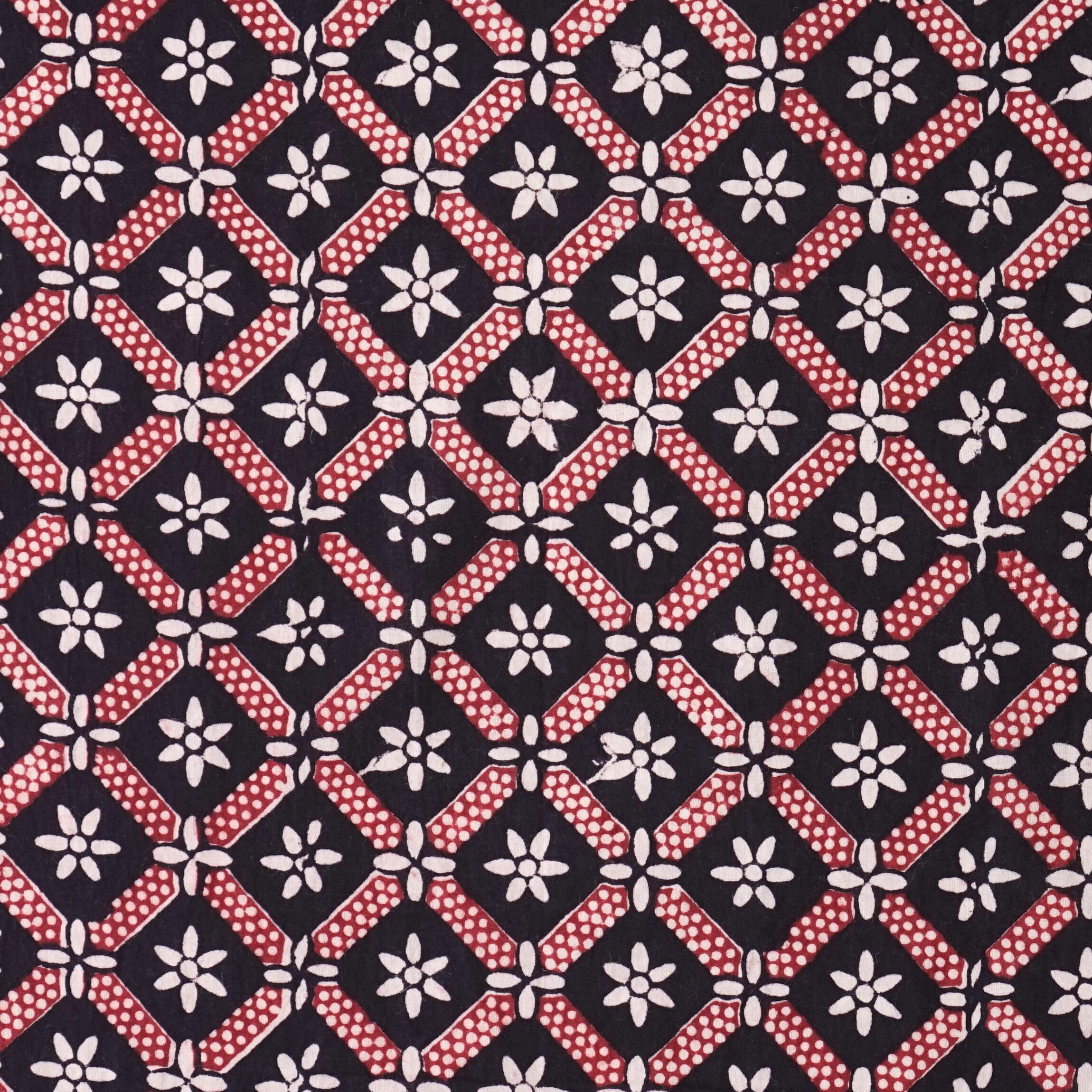 100% Block -Printed Cotton Fabric From India - Barley Design - Iron Rust Black & Alizarin Red Dyes - Flat