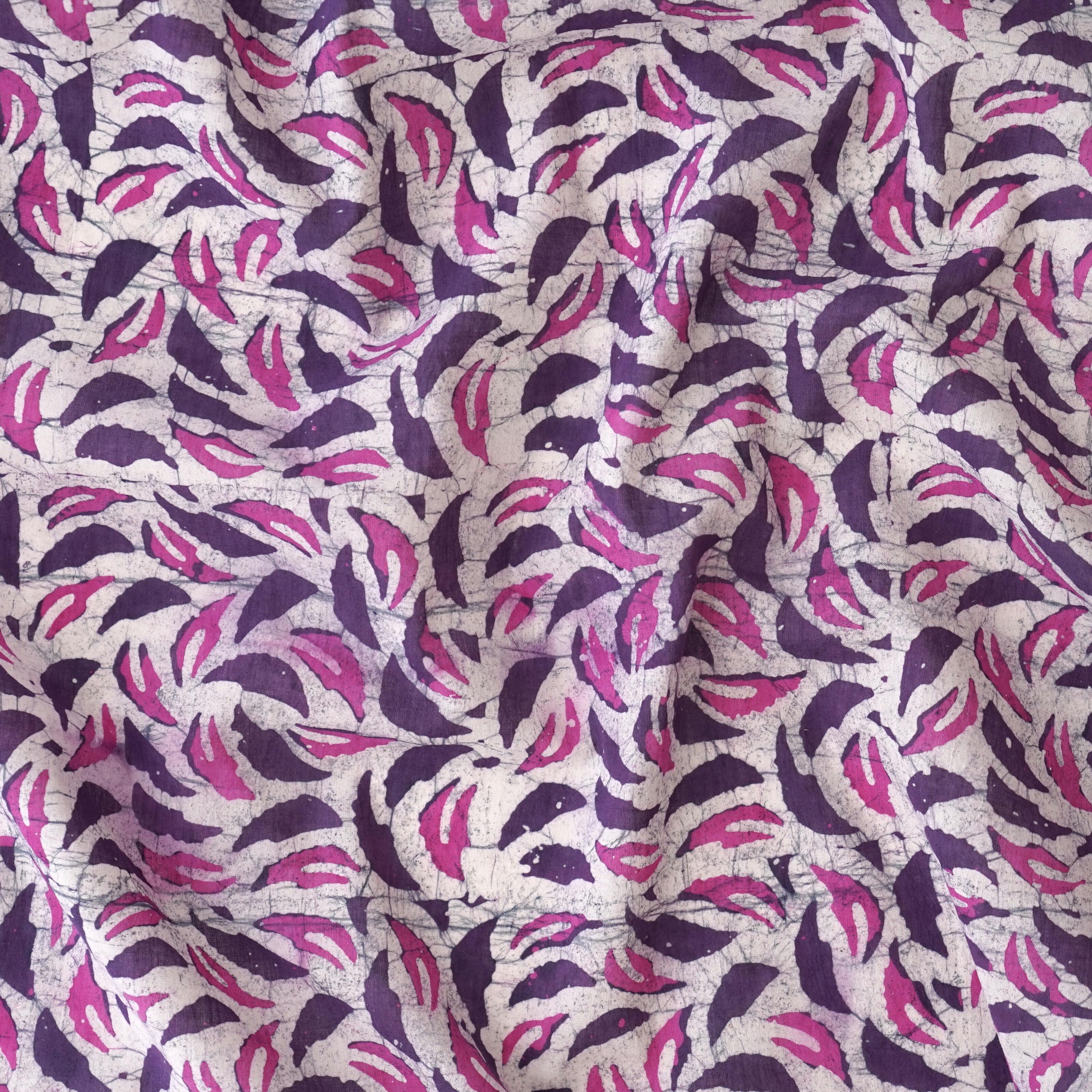 100% Block-Printed Batik Cotton Fabric From India - Purple Rain Motif - Contrast
