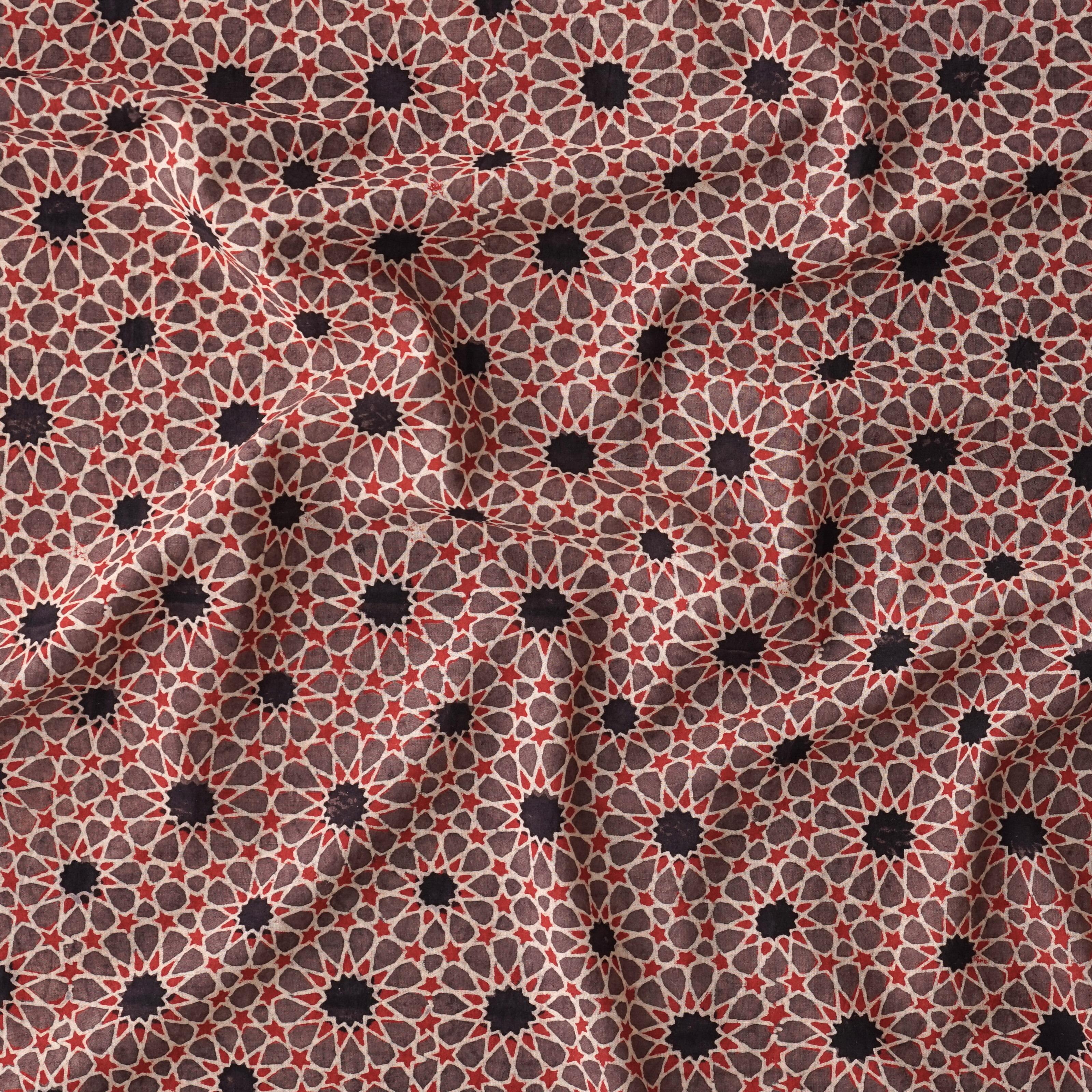 SIK12 - Block-Printed Cotton Fabric From India - Fireworks Motif - Black Iron and Red Alizarin Dye - Contrast