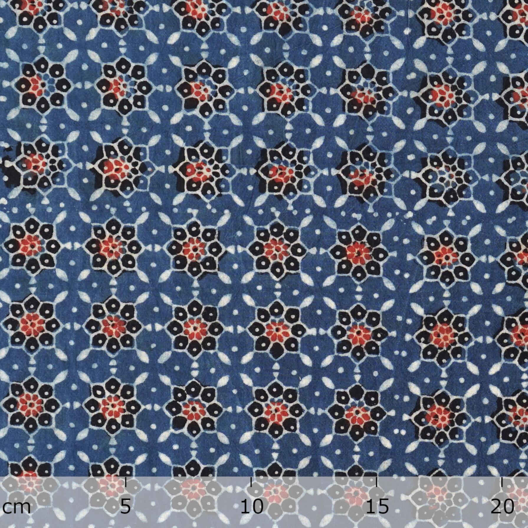 Block-Printed Cotton from India - Starburst Print - Indigo, Alizarin Red, Black - Ruler