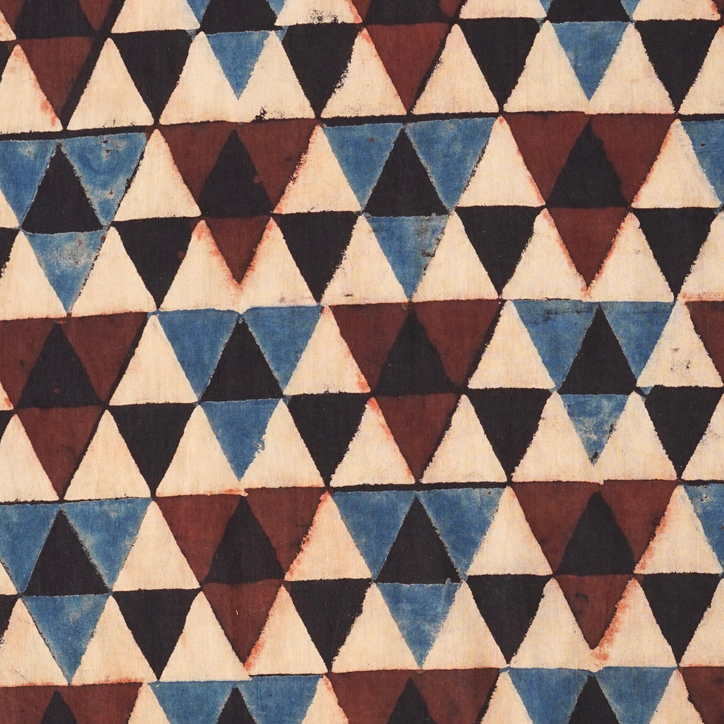 3 - SIK53 - Hand Block-Printed Cotton - Aula Triangles Design - Indigo Blue, Black, Alizarin Red Dyes - Flat