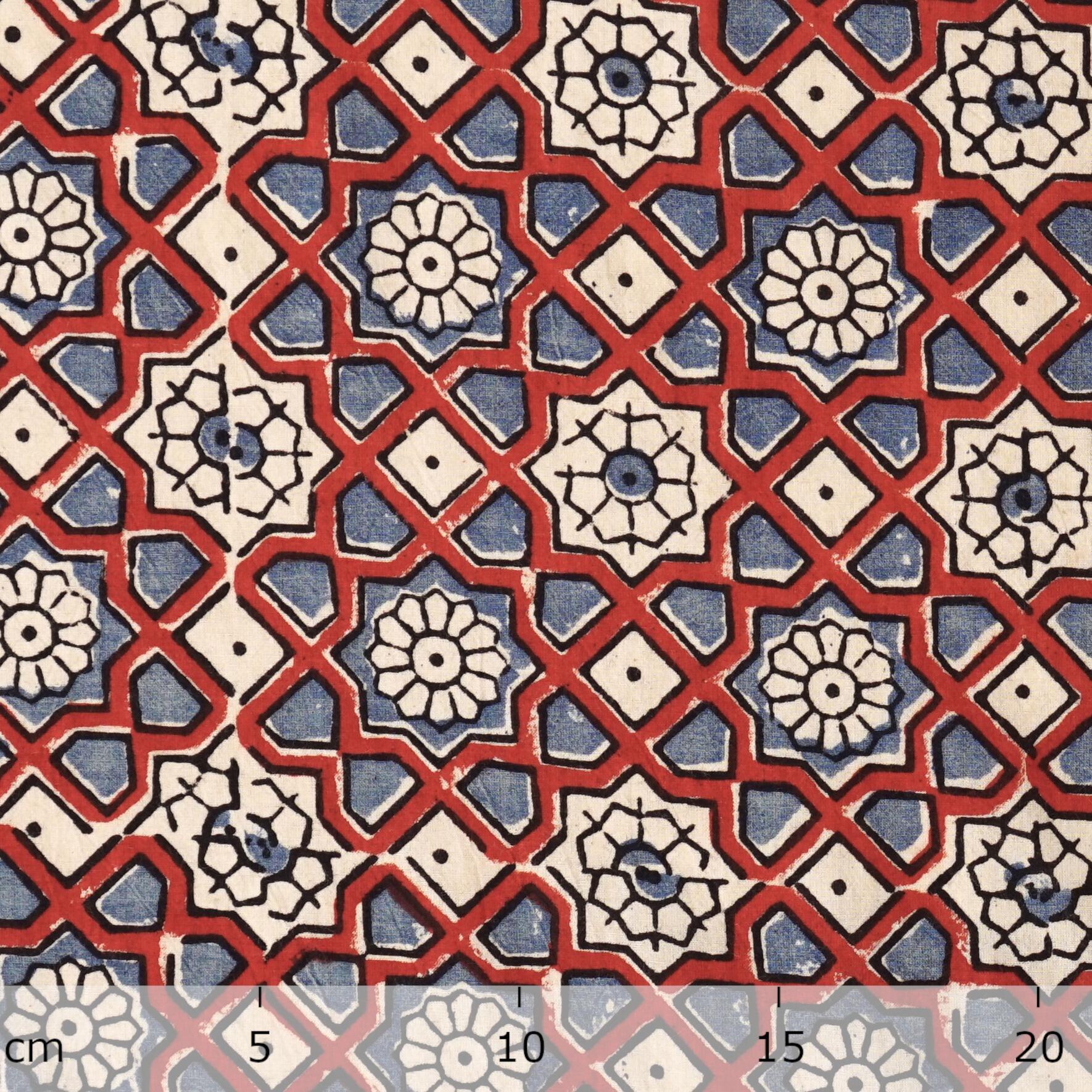 Block Printed Fabric, 100% Cotton, Ajrak Design: Beige Base, Blue, Red Mandala. Ruler