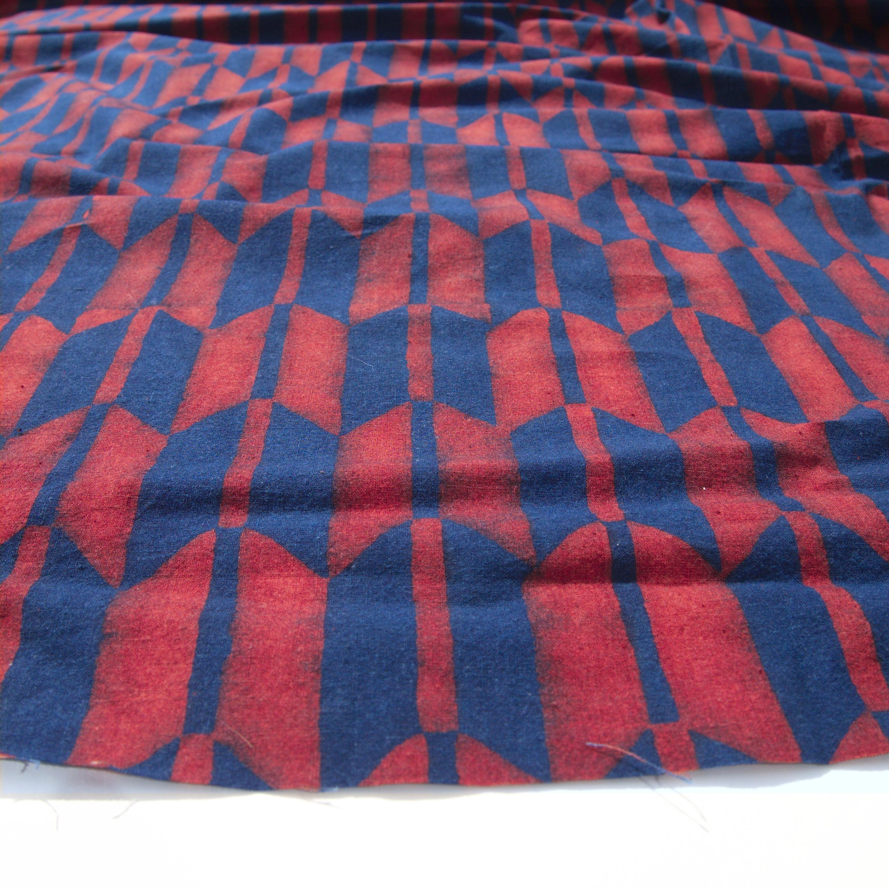 100% Block-Printed Cotton Fabric From India- Ajrak - Indigo Alizarin Fletching Print - Angle