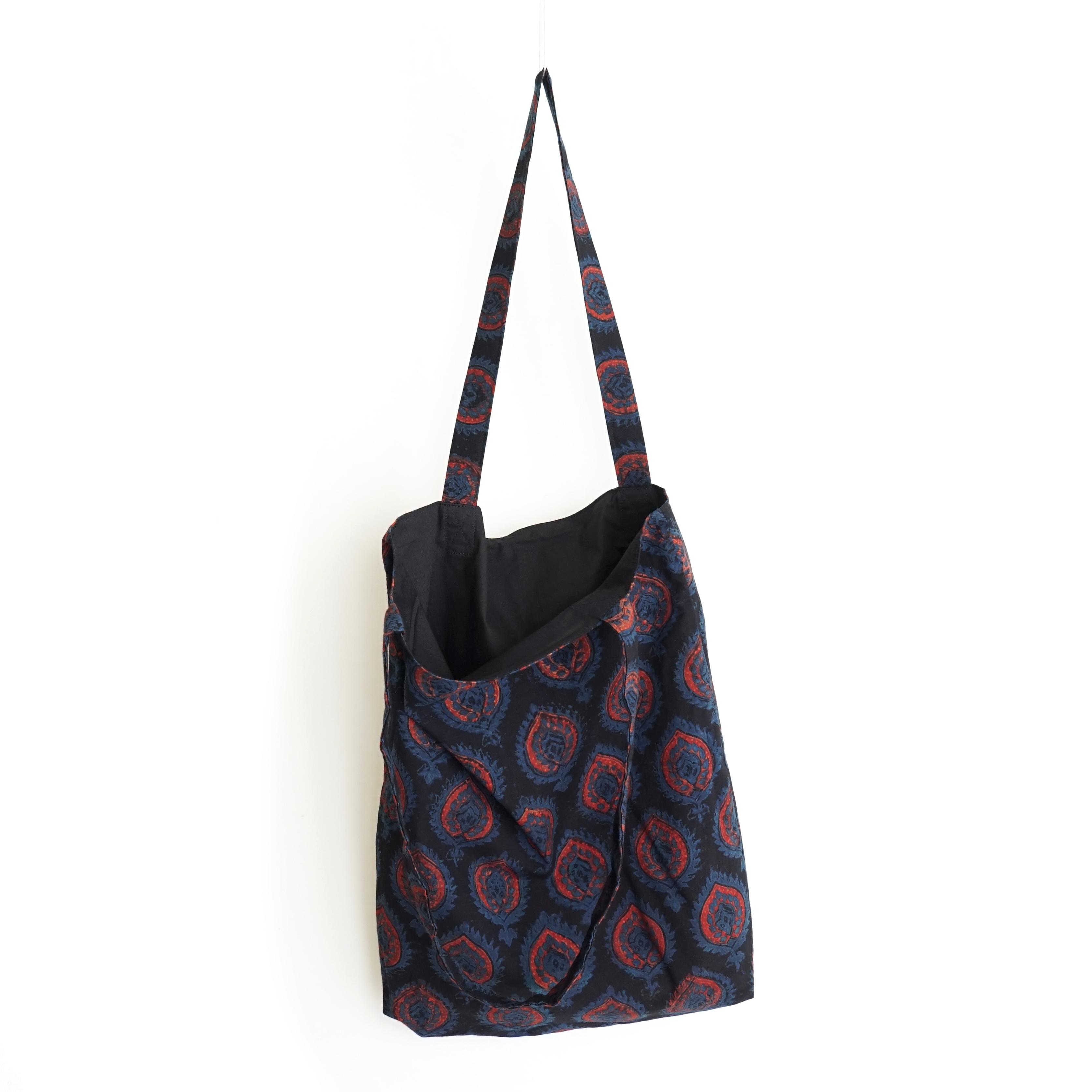 block printed cotton tote bag, natural dye, black, blue red crest design, lined with black cotton, open