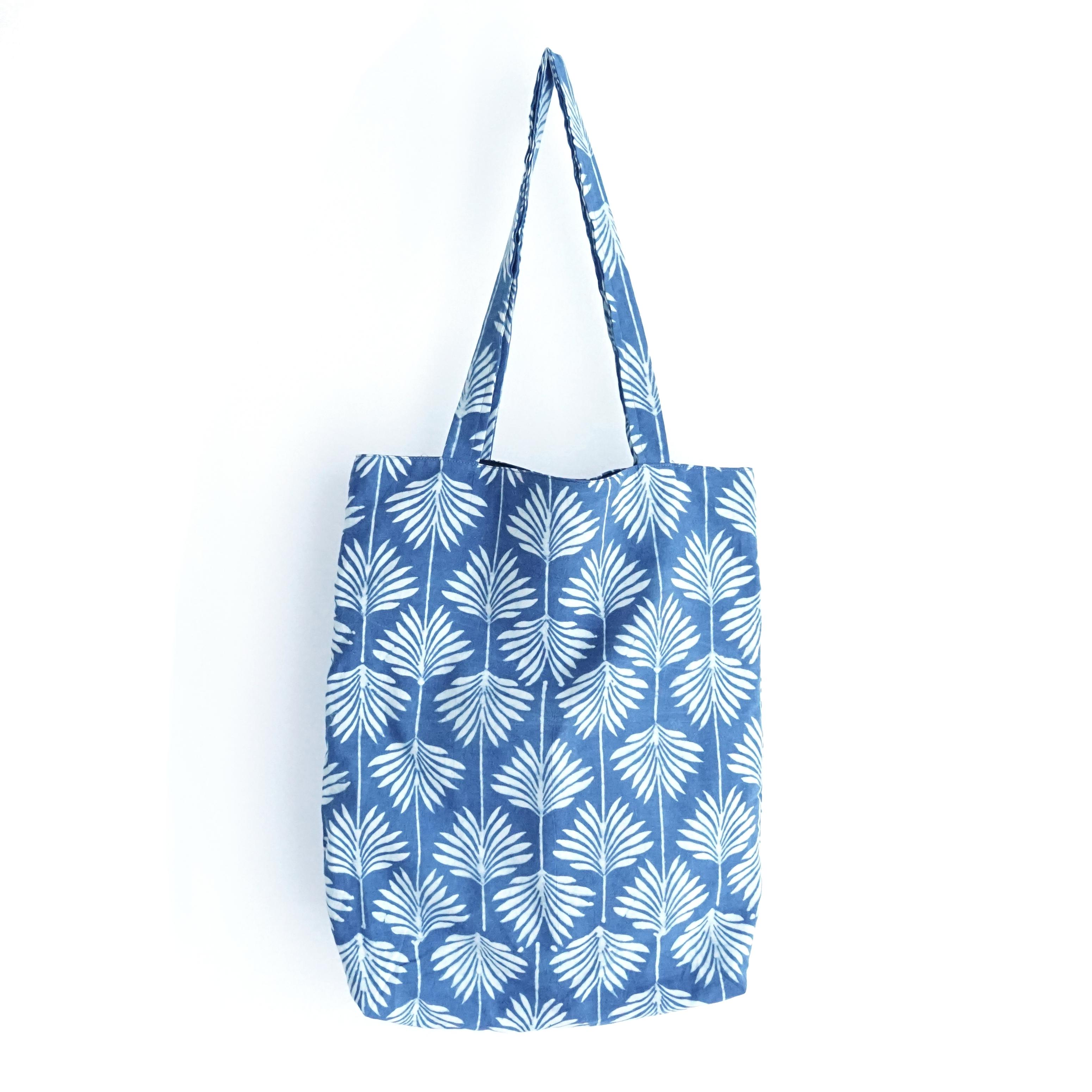 1 - TB015 - Block-Printed Tote Bag - Indigo - Palm Print - Closed