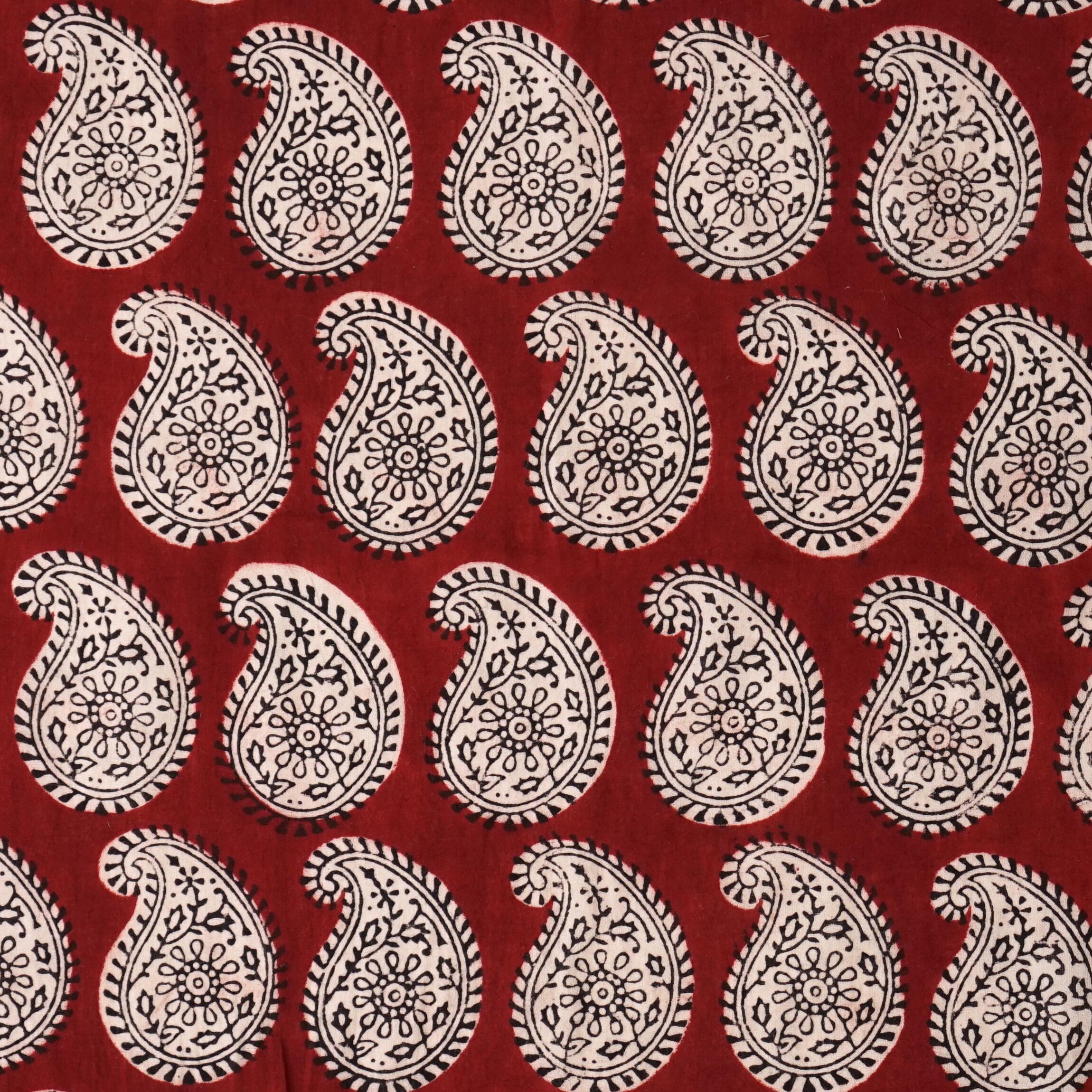 100% Block-Printed Cotton Fabric From India- Bagh - Alizarin Red Paisley Print - Flat