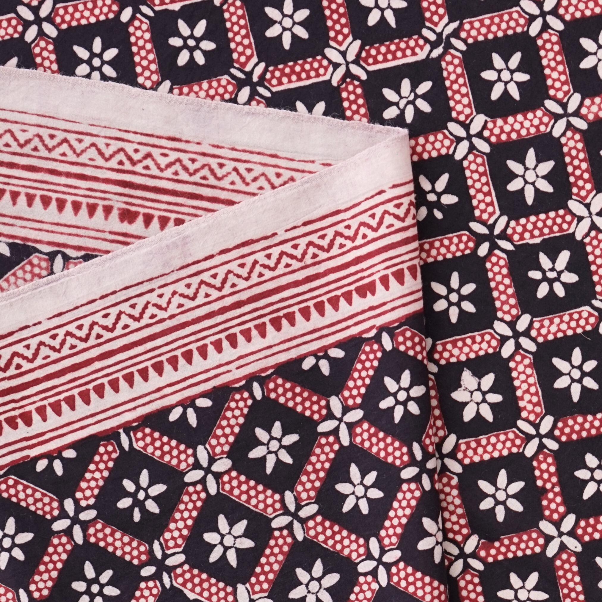 100% Block -Printed Cotton Fabric From India - Barley Design - Iron Rust Black & Alizarin Red Dyes - Selvedge