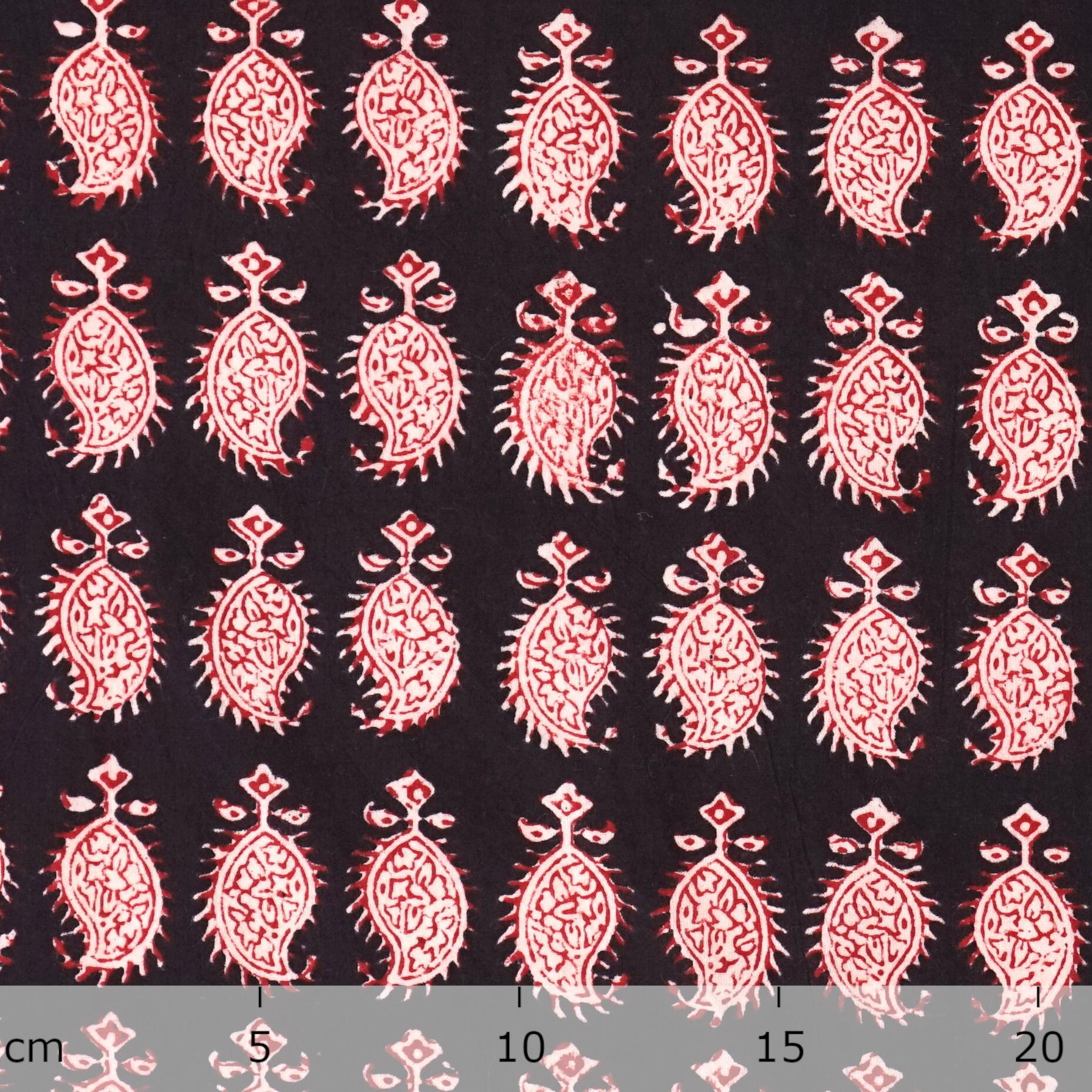 100% Block -Printed Cotton Fabric From India - Cactus Design - Iron Rust Black & Alizarin Red Dyes - Ruler