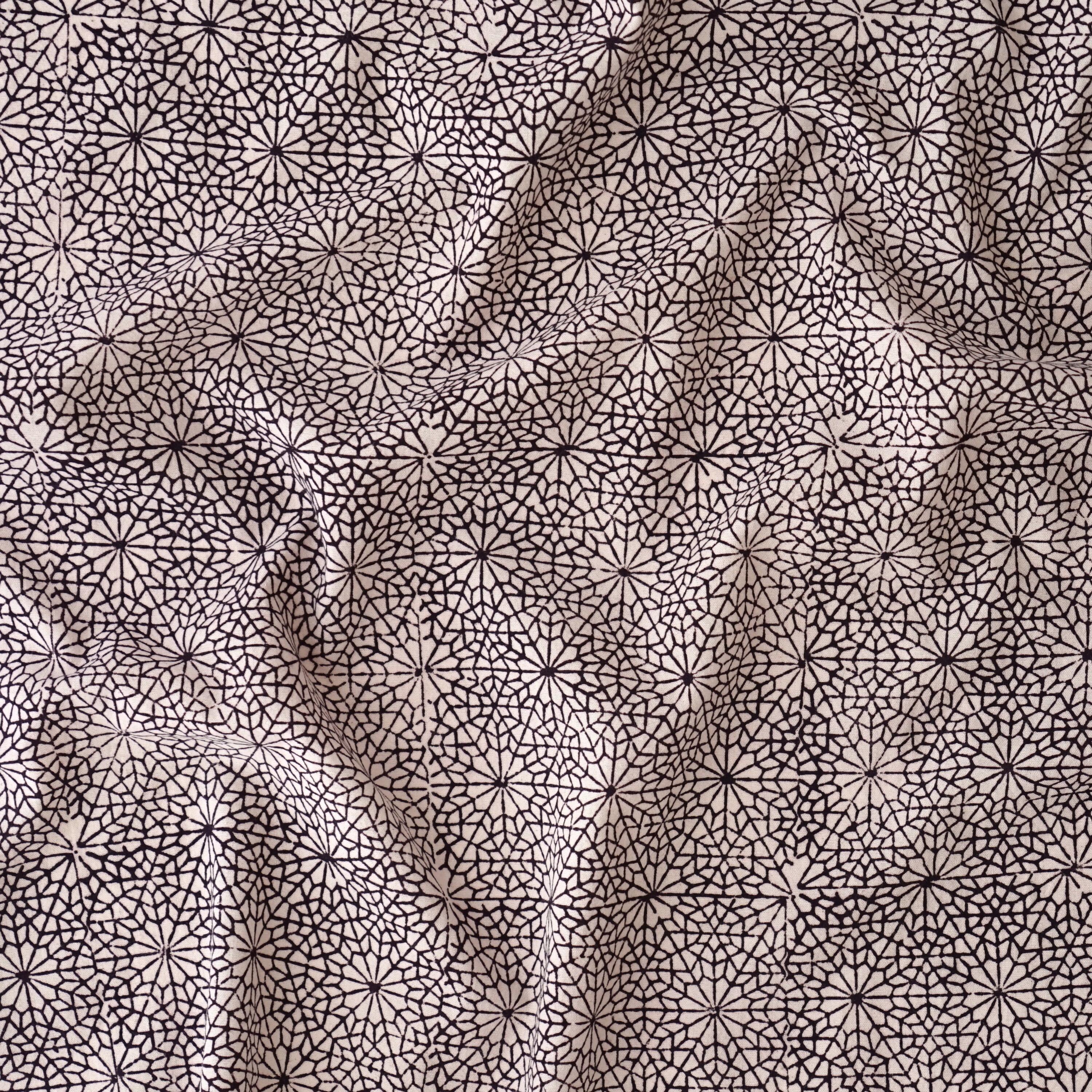 100% Block-Printed Cotton Fabric From India - Bagh Printing Method - Black 6 Degrees Design - Contrast