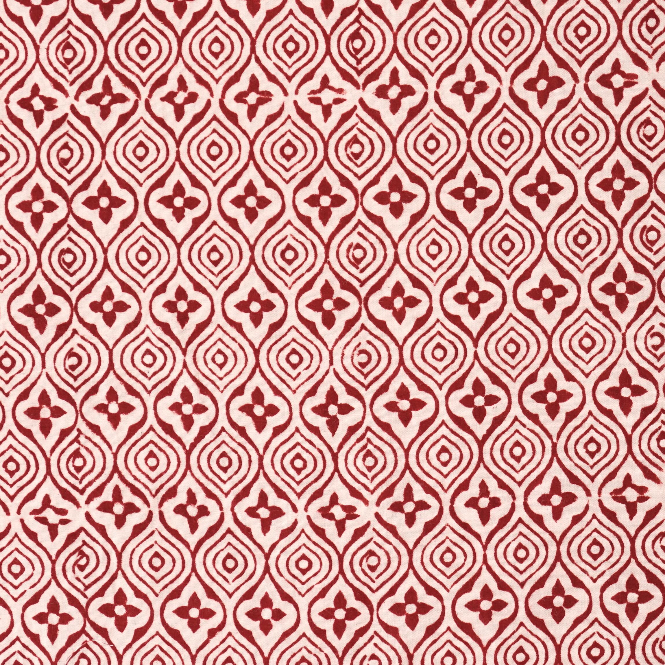 100% Block-Printed Cotton Fabric From India - Bagh Method - Alizarin Red Turkish Delight Print - Flat