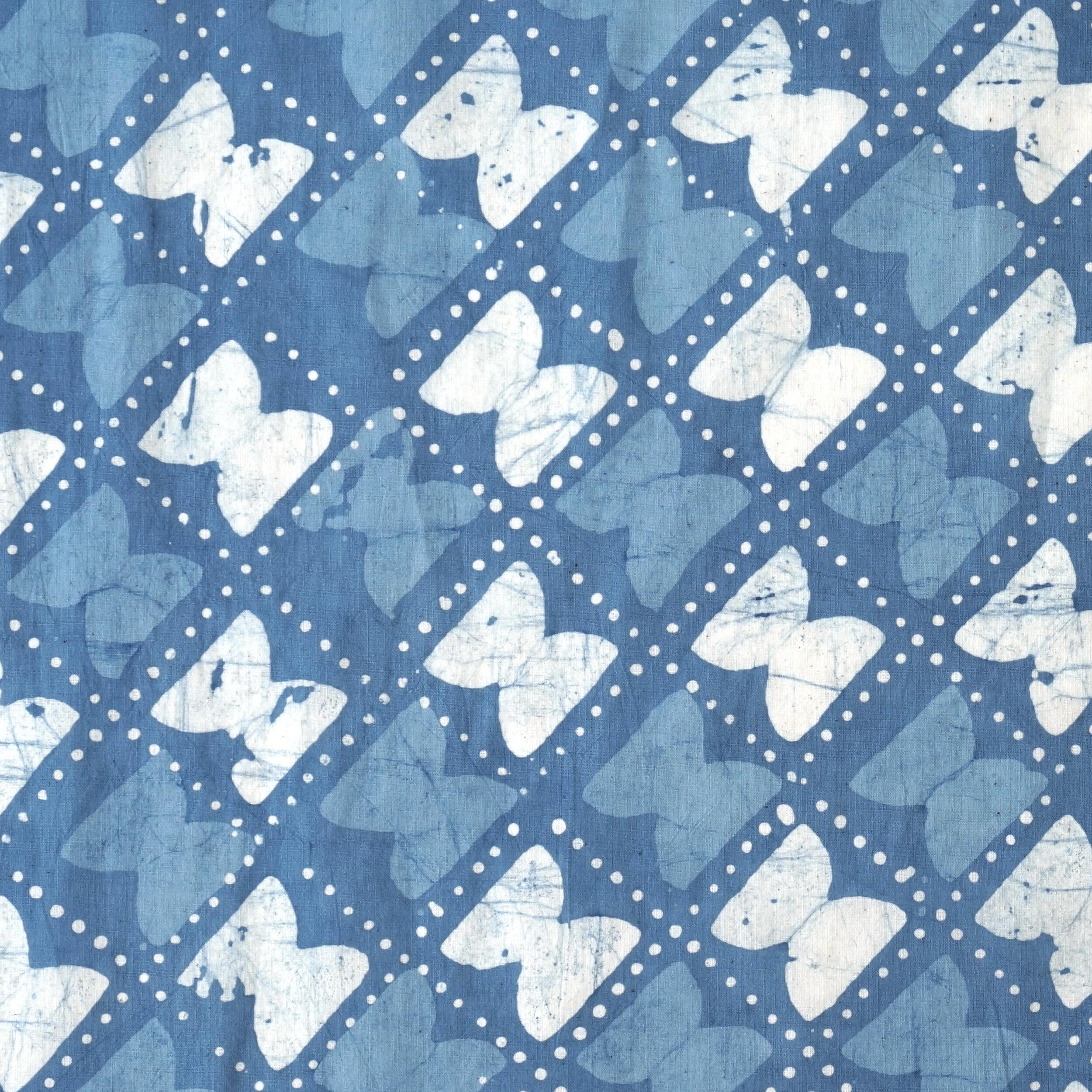 100% Block-Printed Batik Cotton Fabric From India - Blue Reactive Dye - Stamped & Sealed - Flat