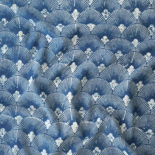2 - SIK50 - Hand Block-Printed Cotton - Scallop Shell Design - Indigo Dye - Contrast